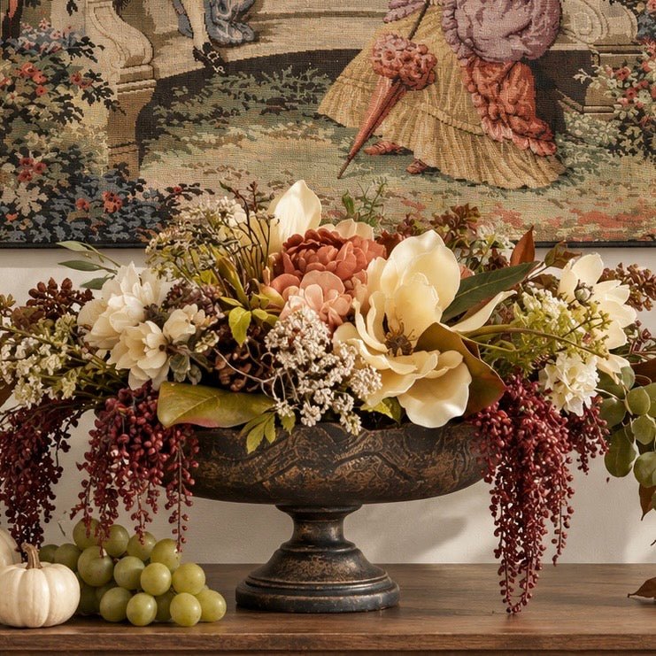Autumn Botanical Pedestal Bowl – Faux Fall Floral Centerpiece