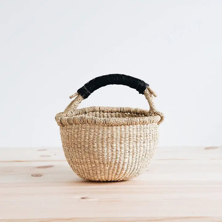 Natural Mini  Basket with Black Leather Handle - Curated Home Decor