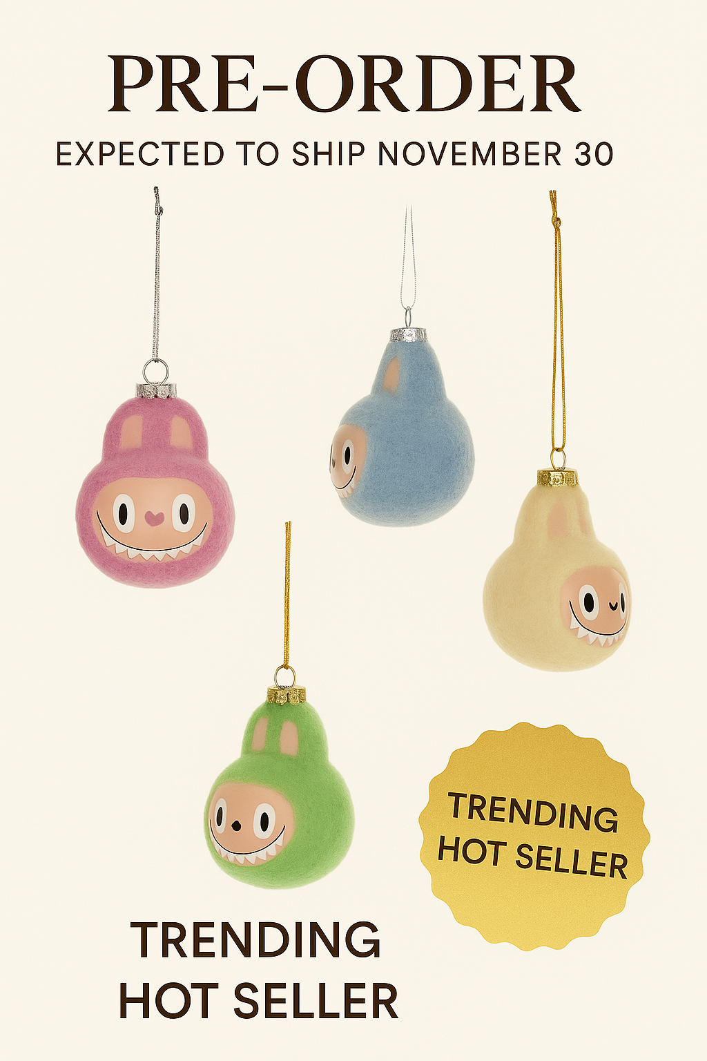 Santa's Sweet Shoppe 3-inch green glass fuzzy monster face Christmas ornament