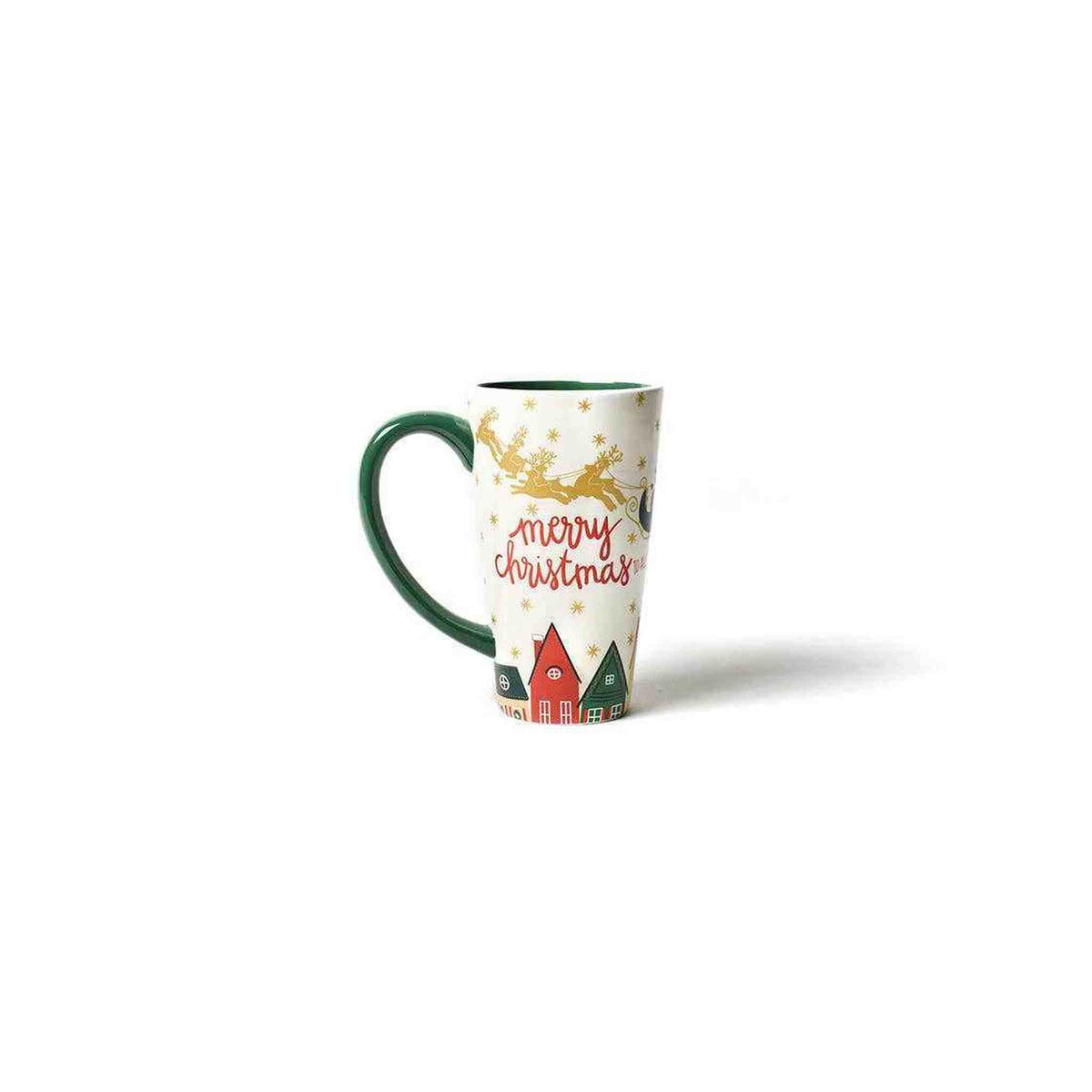 
                  
                    Flying Santa Mug with vintage Christmas village design and "Merry Christmas" text, tall and ideal for holiday beverages.
                  
                
