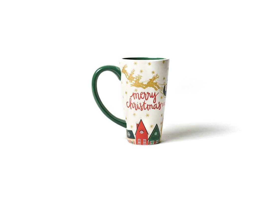 Flying Santa Mug with Christmas village and "Merry Christmas" text, tall holiday coffee cup with green handle