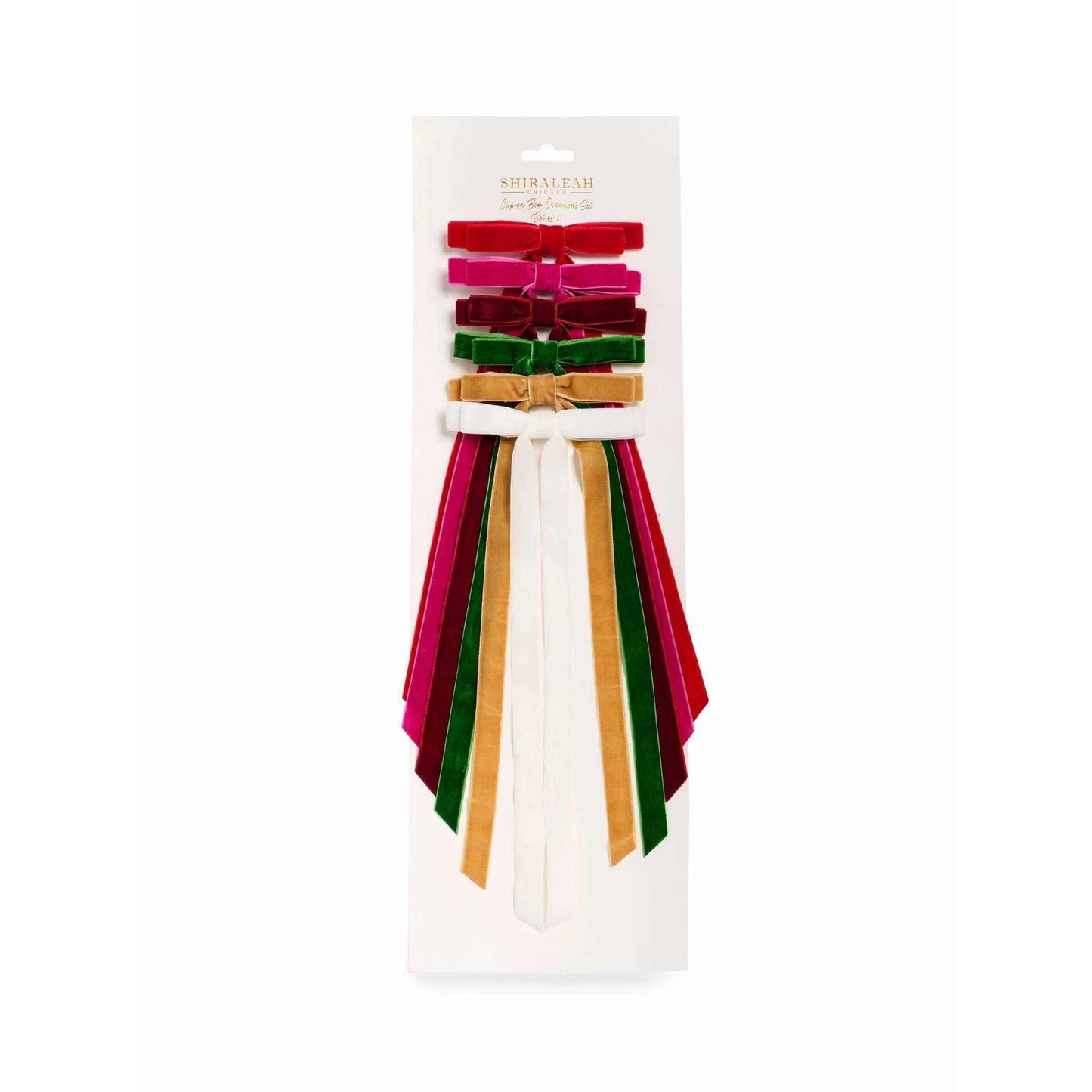 Set of 6 multicolor velvet-look decorative bows with long tails and metal clips for holiday decor