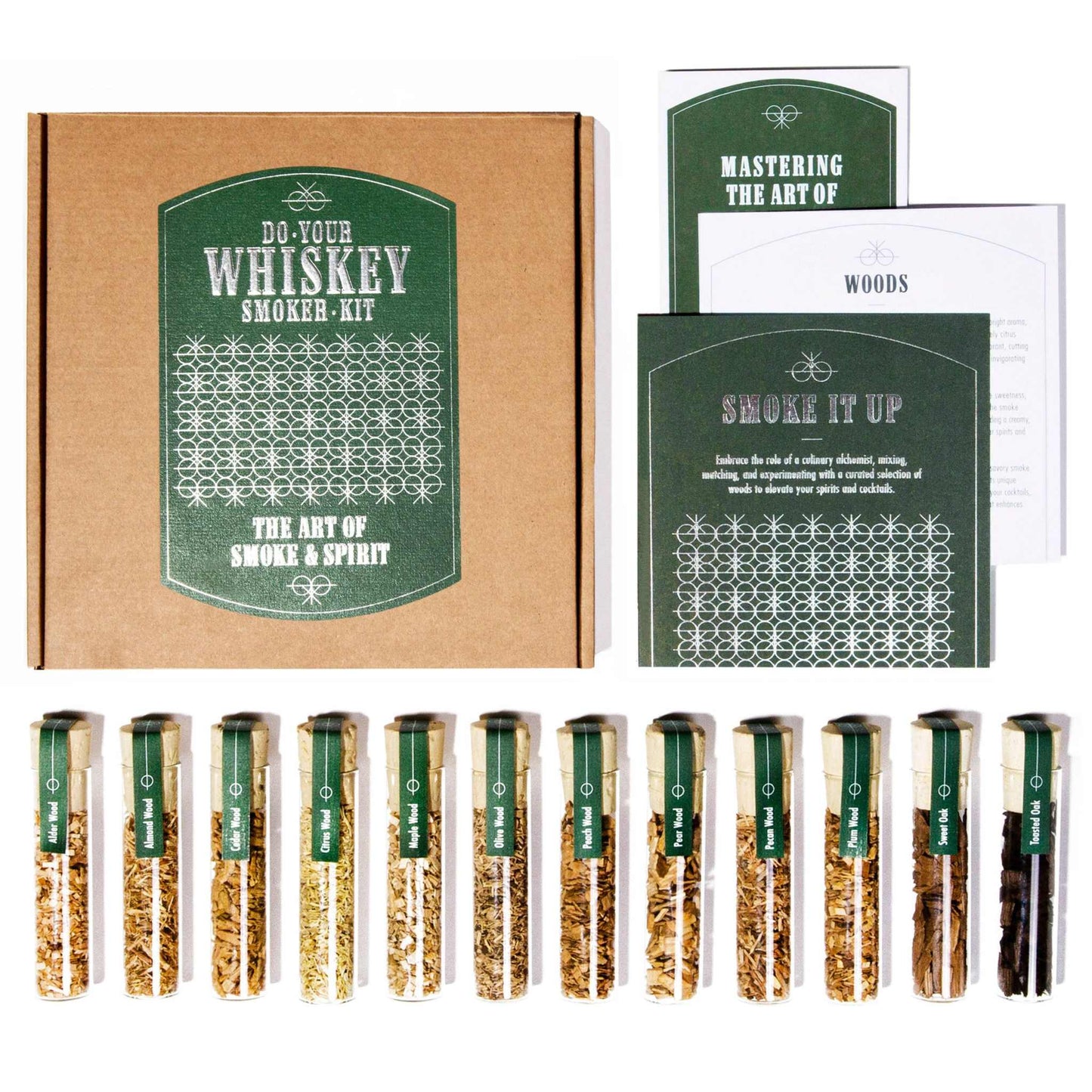 Whiskey smoker wood chips set with assorted premium flavors and instructional booklets for enhancing whiskey and cocktails.