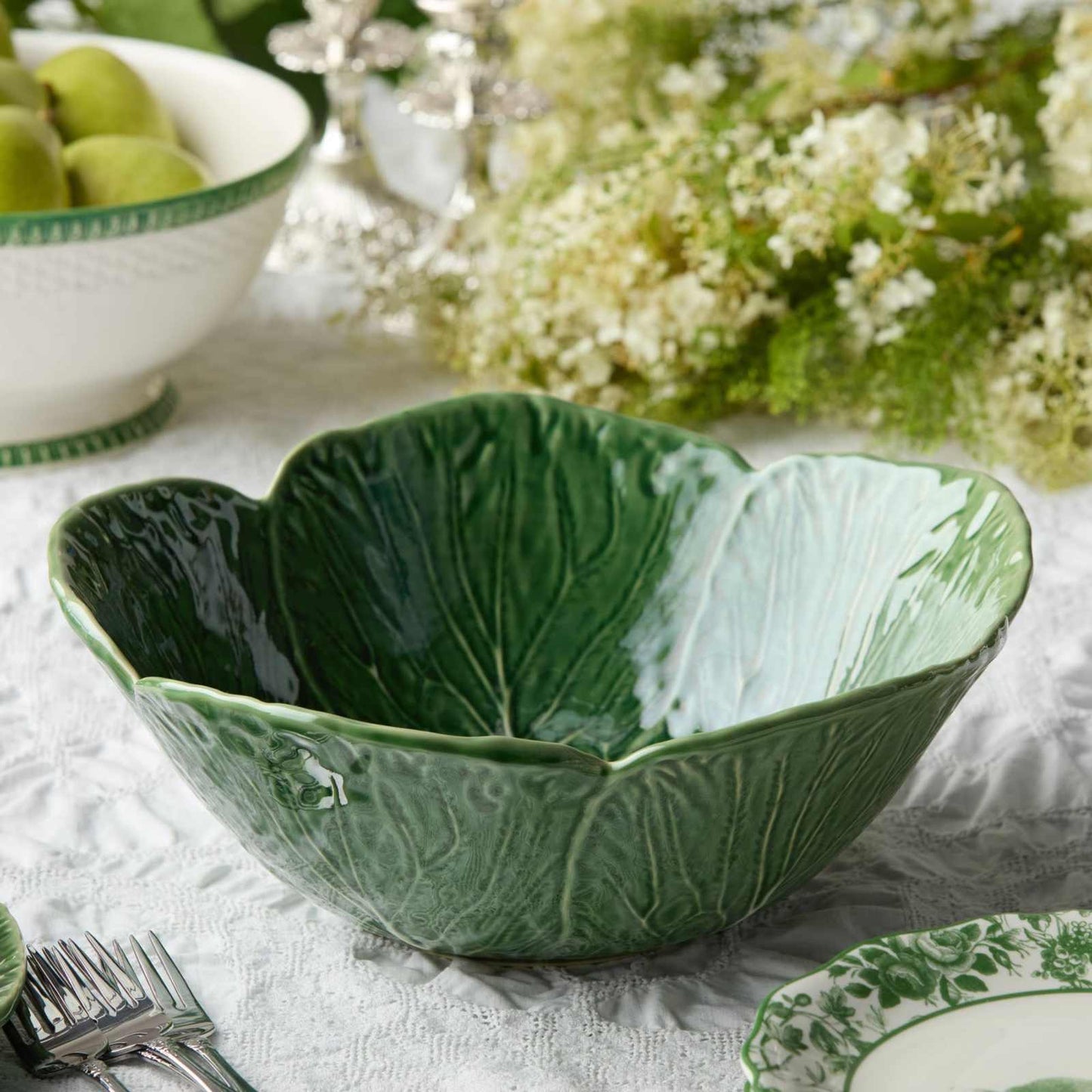 Le Jardin Cabbage 3-D deep serving bowl with intricate cabbage leaf design, handcrafted in Portugal