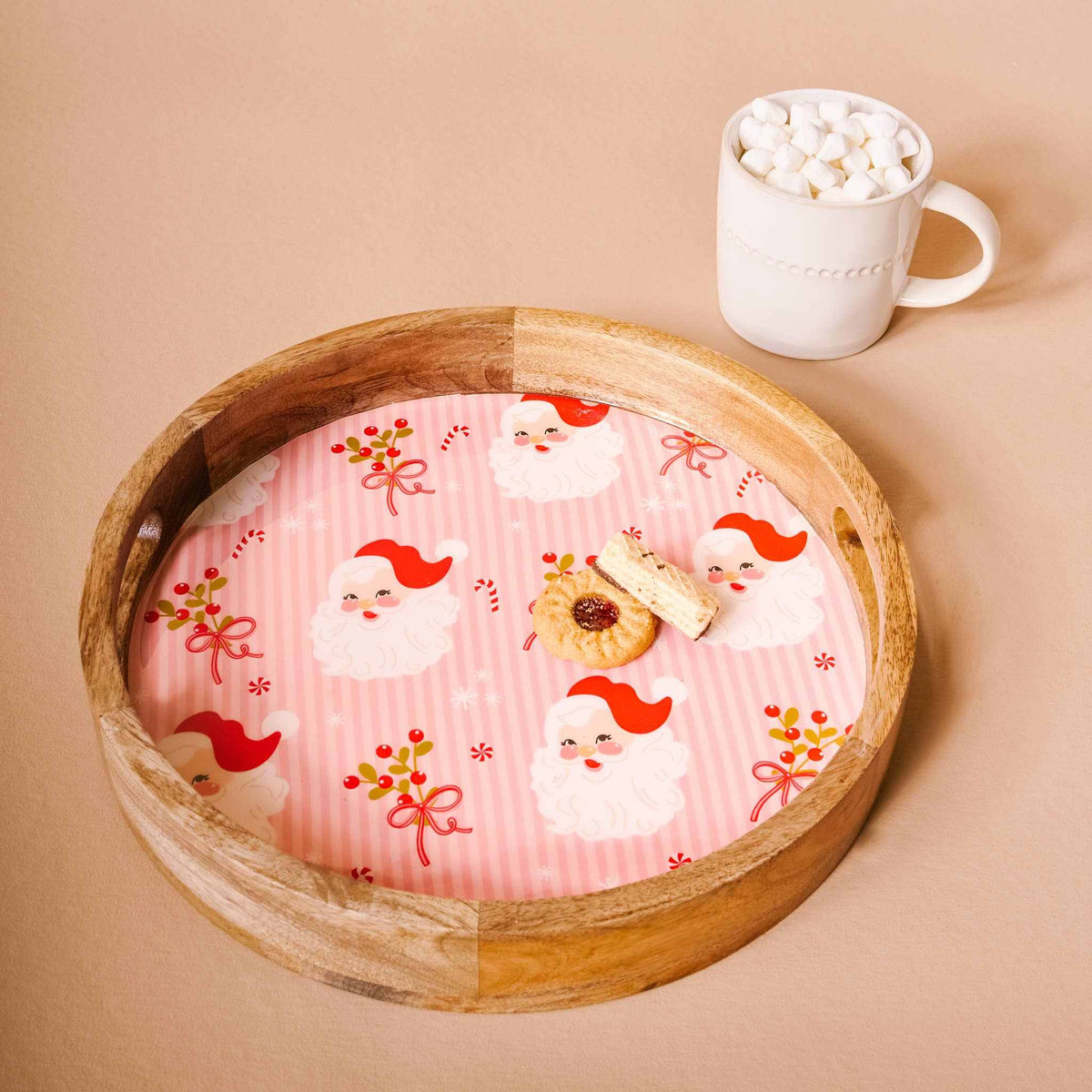 
                  
                    Large round wood enamel tray with Holly Jolly Santa design, bamboo frame, and handles for easy transport
                  
                