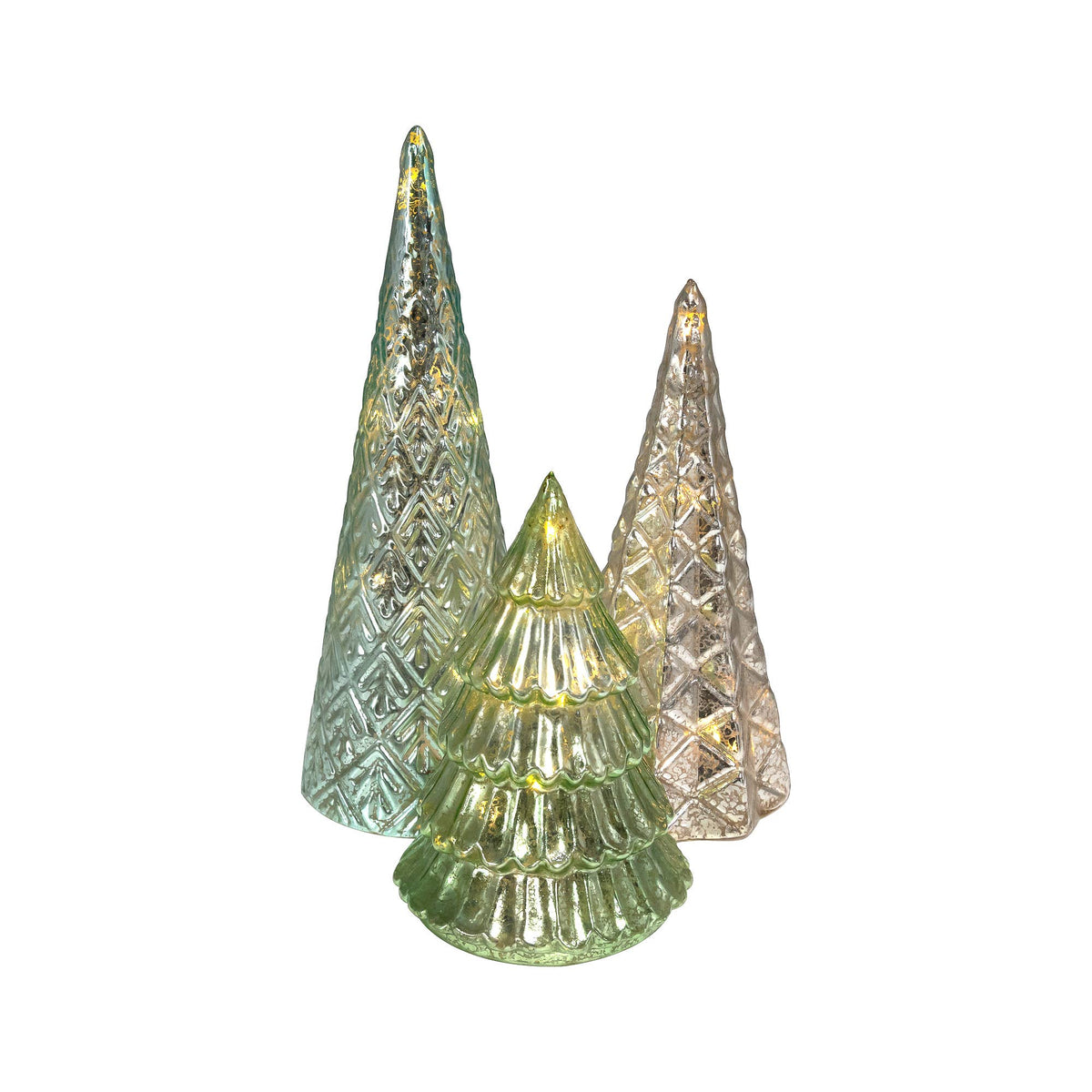 Battery-Operated Green & Silver Glass Trees, Set of 3 - Curated Home Decor
