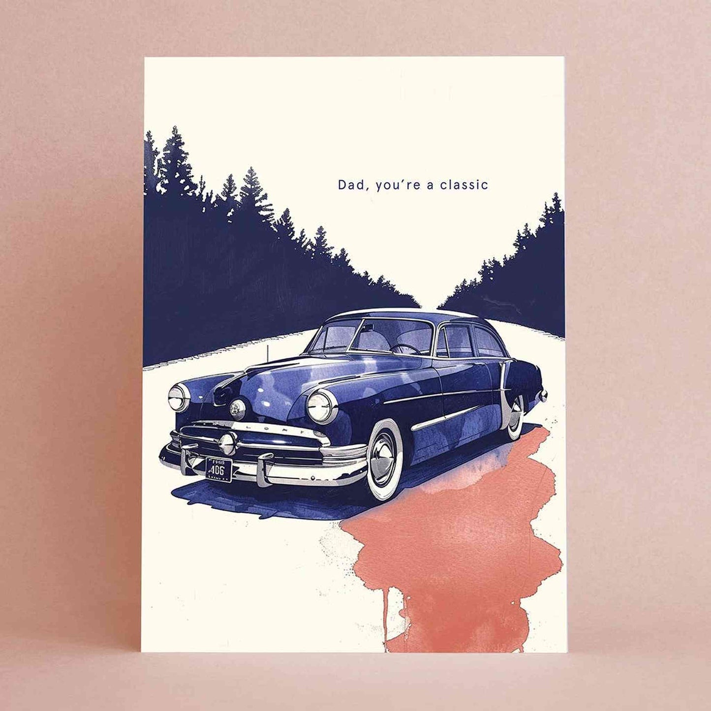 Father's Day greeting card with classic car illustration and "Dad, you're a classic" message
