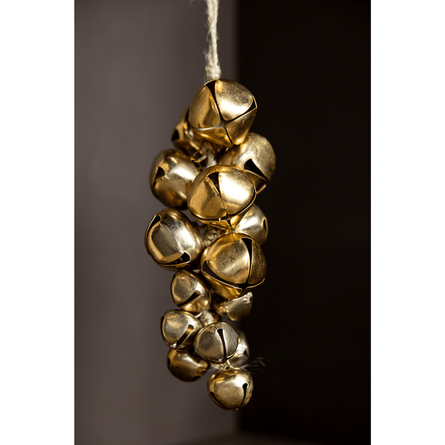 Jingle Bell Holiday Hanging Cluster with small gold bells for festive decor on mantels, doorways, and walls.