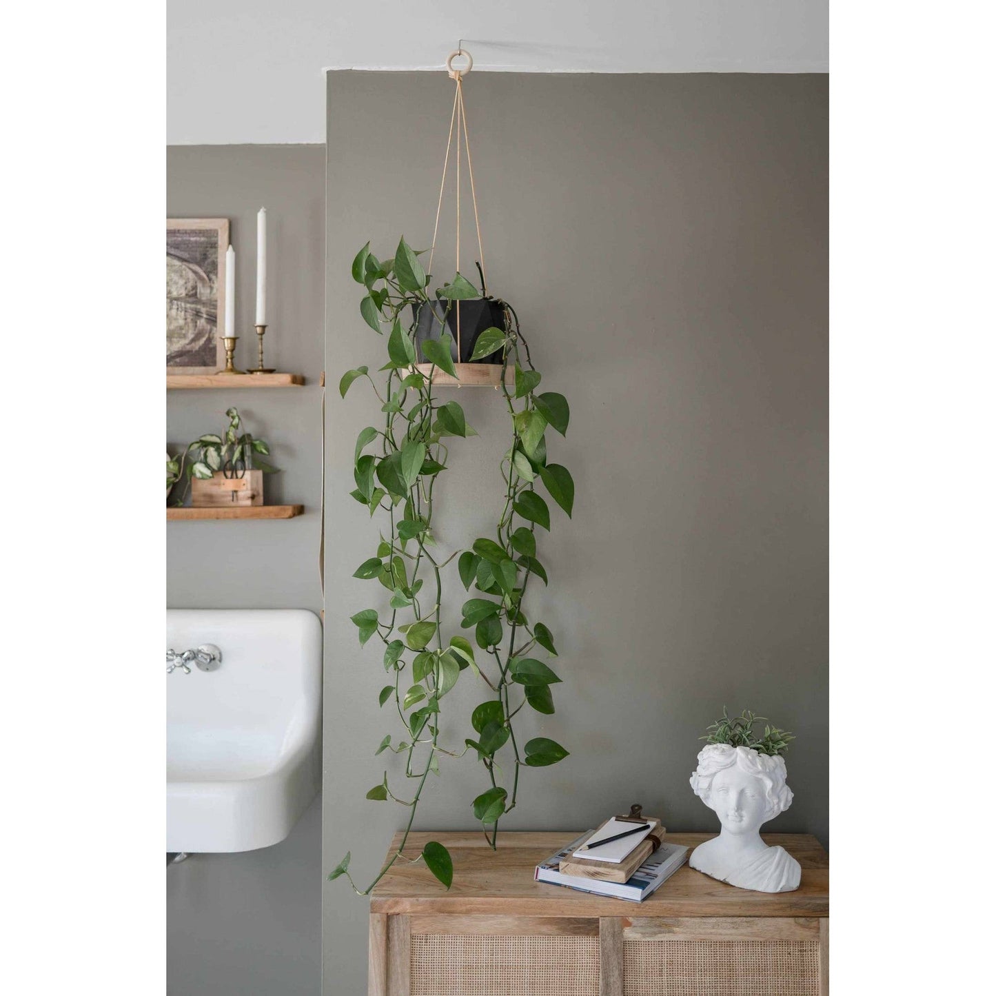 
                  
                    Reclaimed White Oak Round Plant Hanger with Leather Straps - Curated Home Decor
                  
                