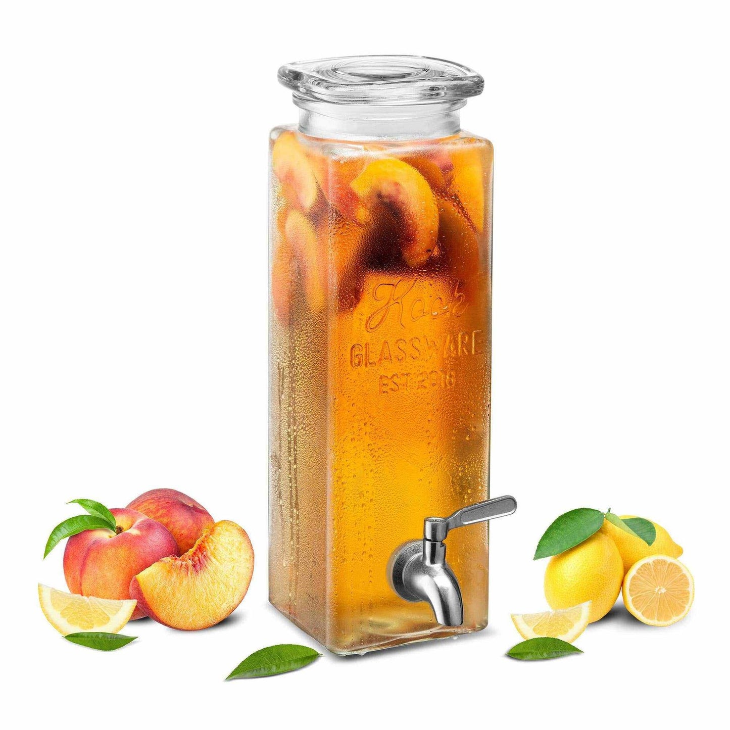 Tall glass beverage dispenser with 80-ounce capacity and leak-free spigot