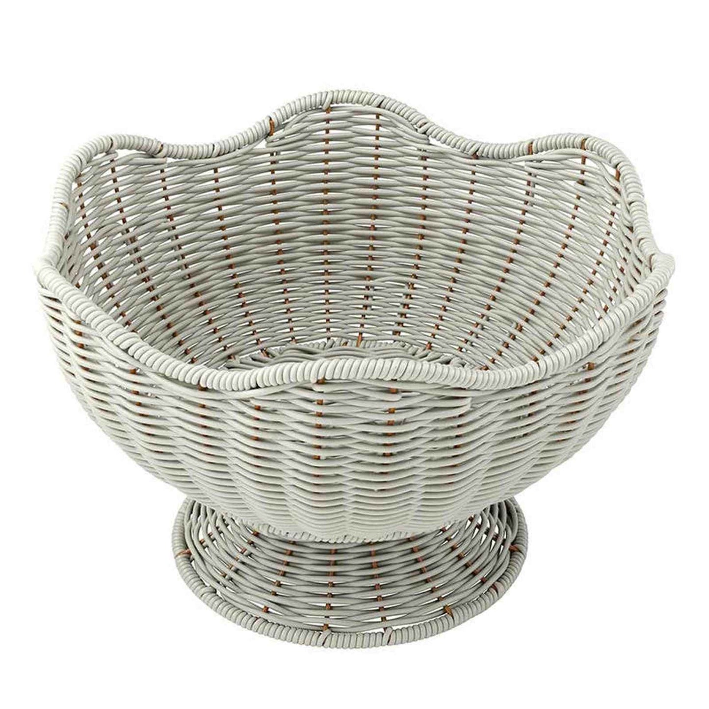 Grey Scalloped Basket with wave-like edges and pedestal base for versatile home decor and storage