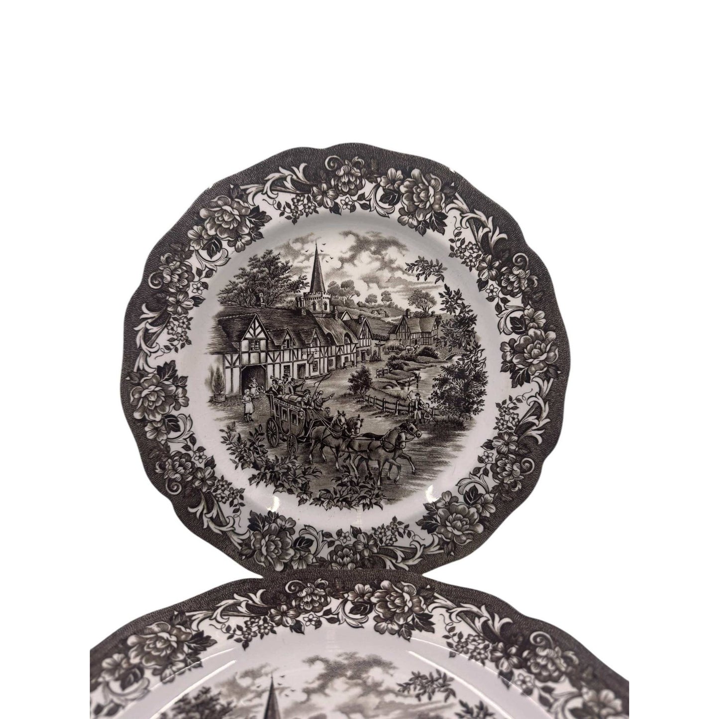 
                  
                    Vintage Royal Staffordshire brown transferware plate set with classic Stratford Stage design
                  
                