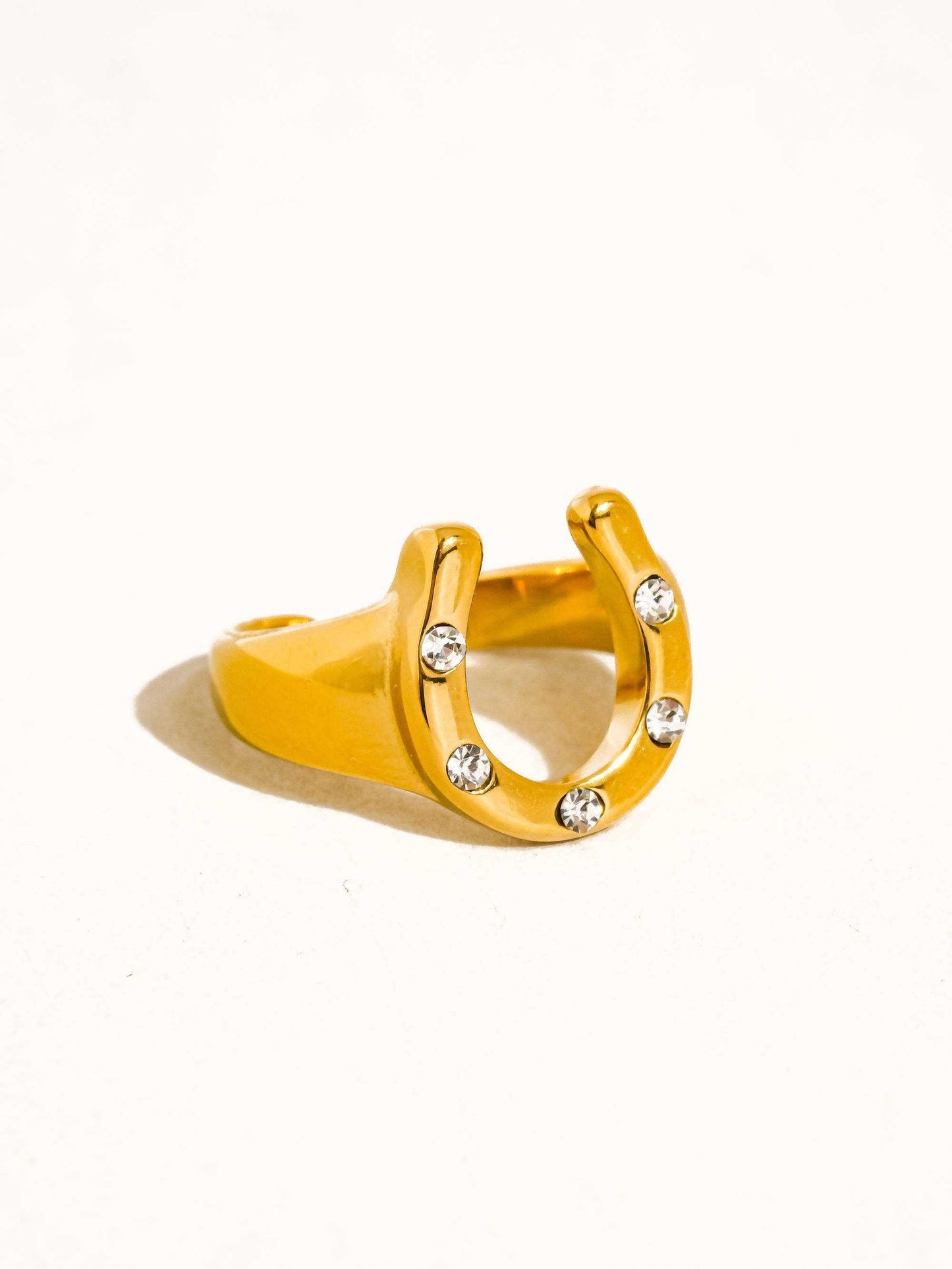 18K gold plated horseshoe ring with CZ rhinestones, non-tarnish stainless steel, size 7, hypoallergenic and water resistant