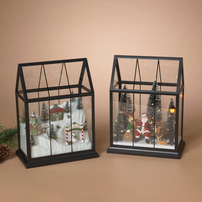 Lighted Glass House with Holiday Scene