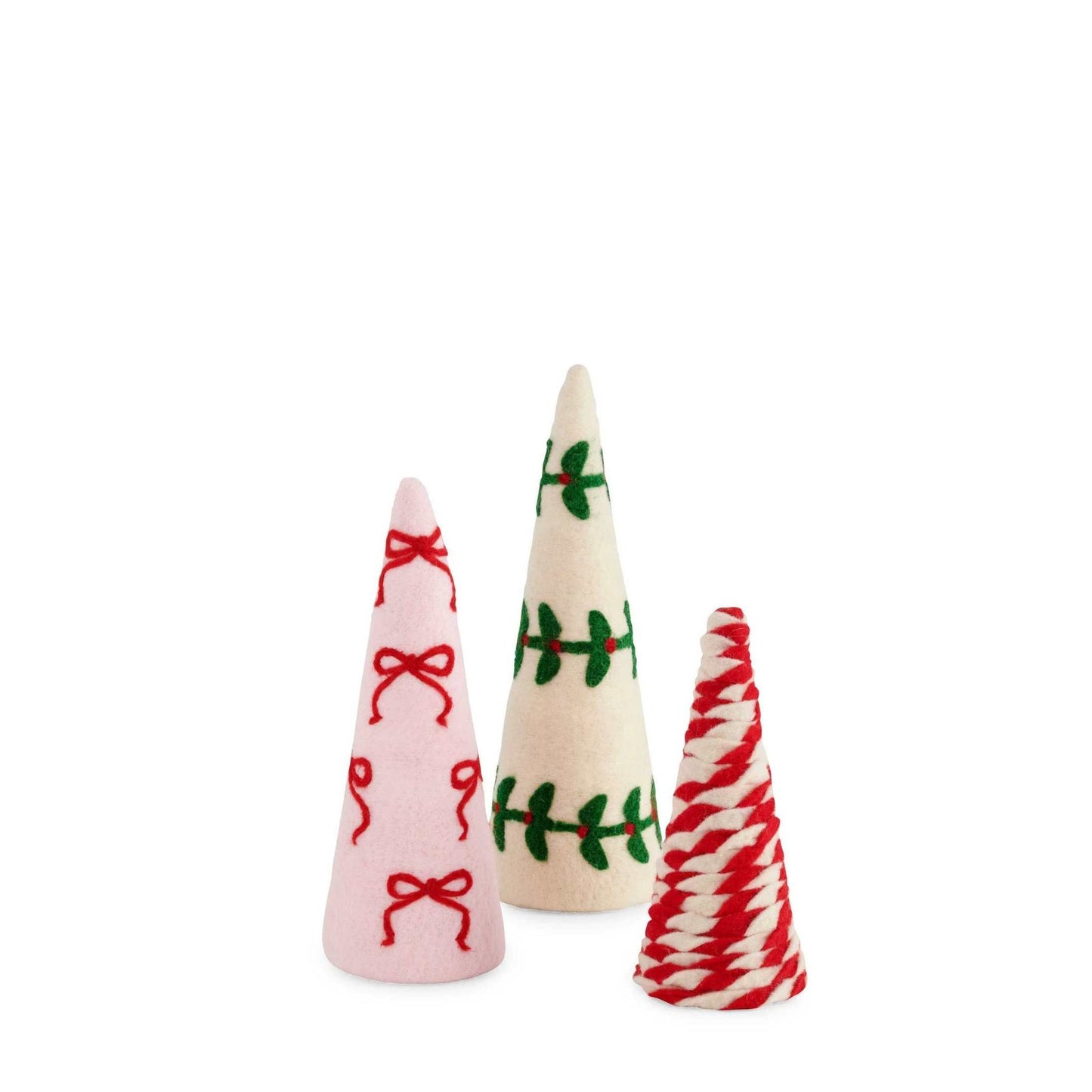 Set of 3 Festive Bow Felt Trees in red and pink with holly and candy cane patterns
