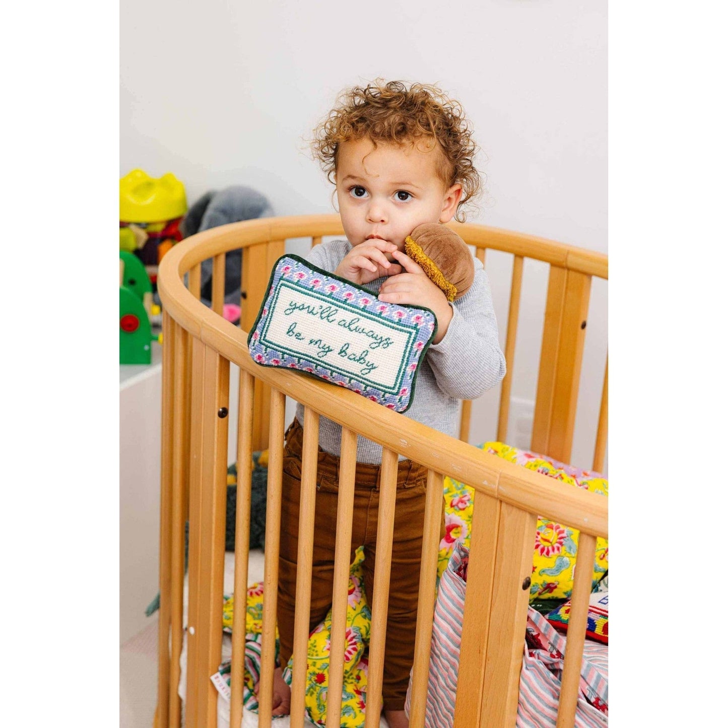 Be My Baby Mini Needlepoint Pillow embroidered with charming text on dark green velvet back