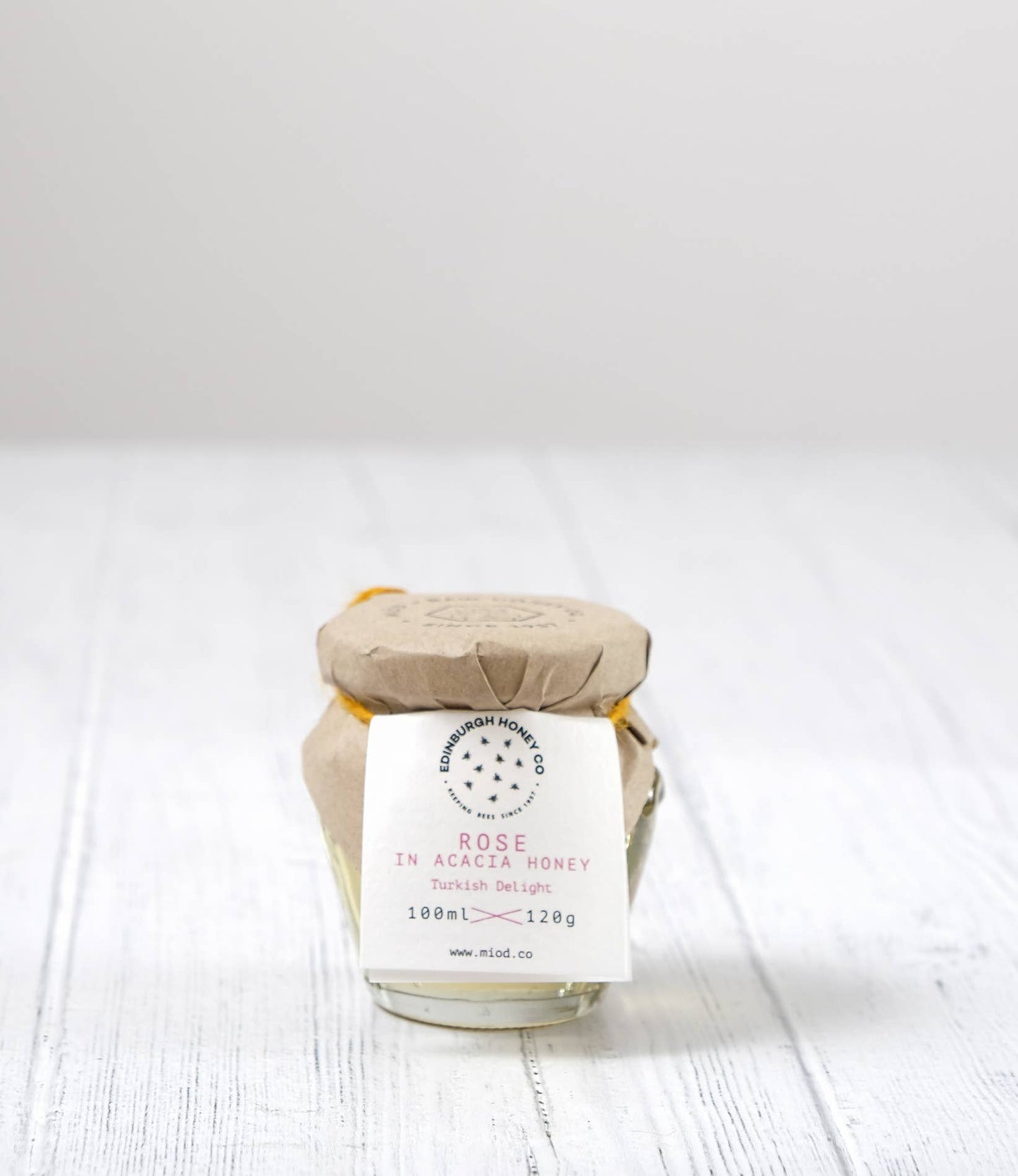 Jar of 120g Rose Infused Acacia Honey by Edinburgh Honey Co. with floral notes