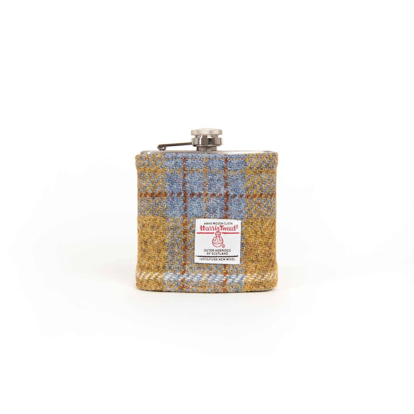 
                  
                    6oz Harris Tweed hip flask in mustard tartan with stainless steel and iconic Orb label
                  
                