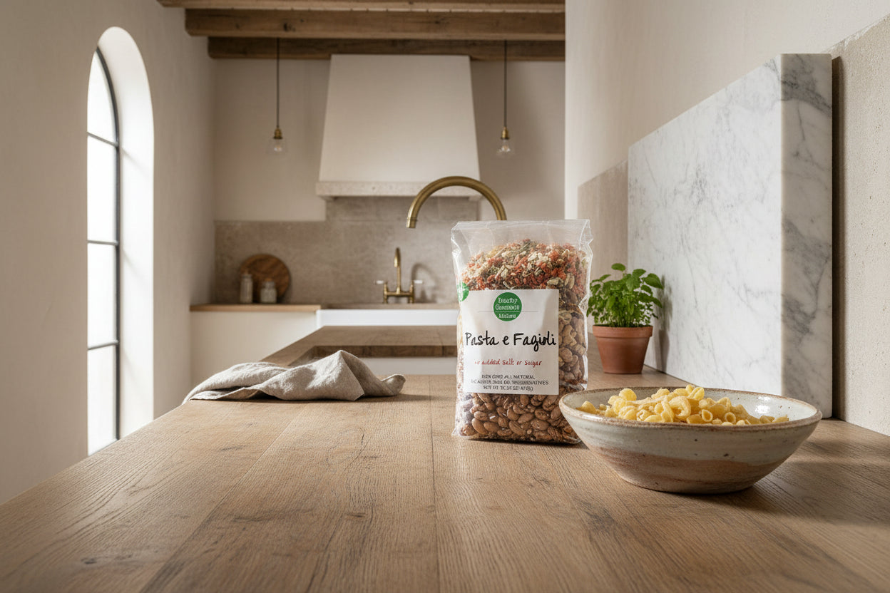 Pasta Fagioli Soup Mix with small pasta, cannellini and kidney beans, garlic, oregano, and bay leaf in a 14.75 oz resealable package