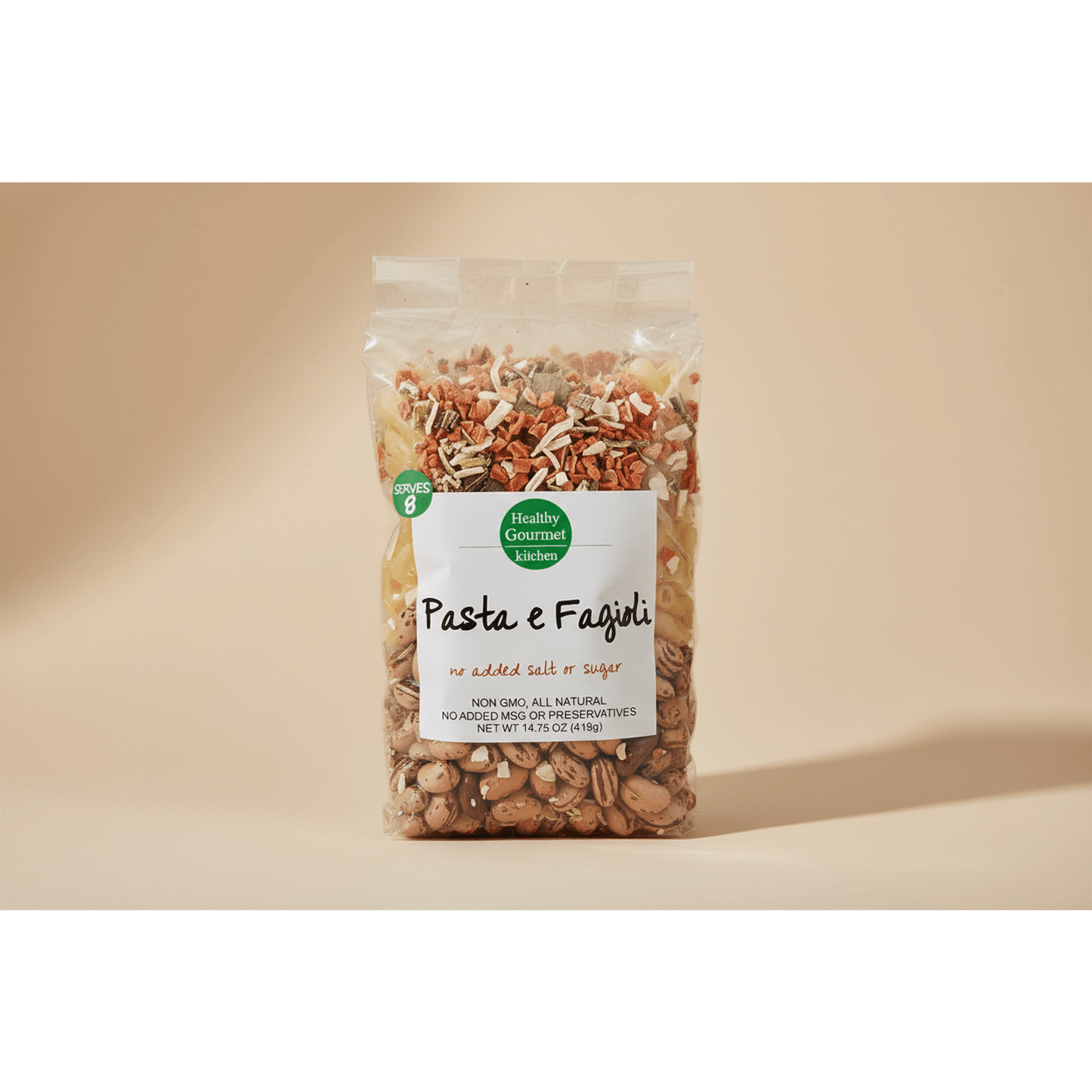 Pasta Fagioli soup mix package with pasta, cannellini and kidney beans, garlic, oregano, and bay leaf ingredients