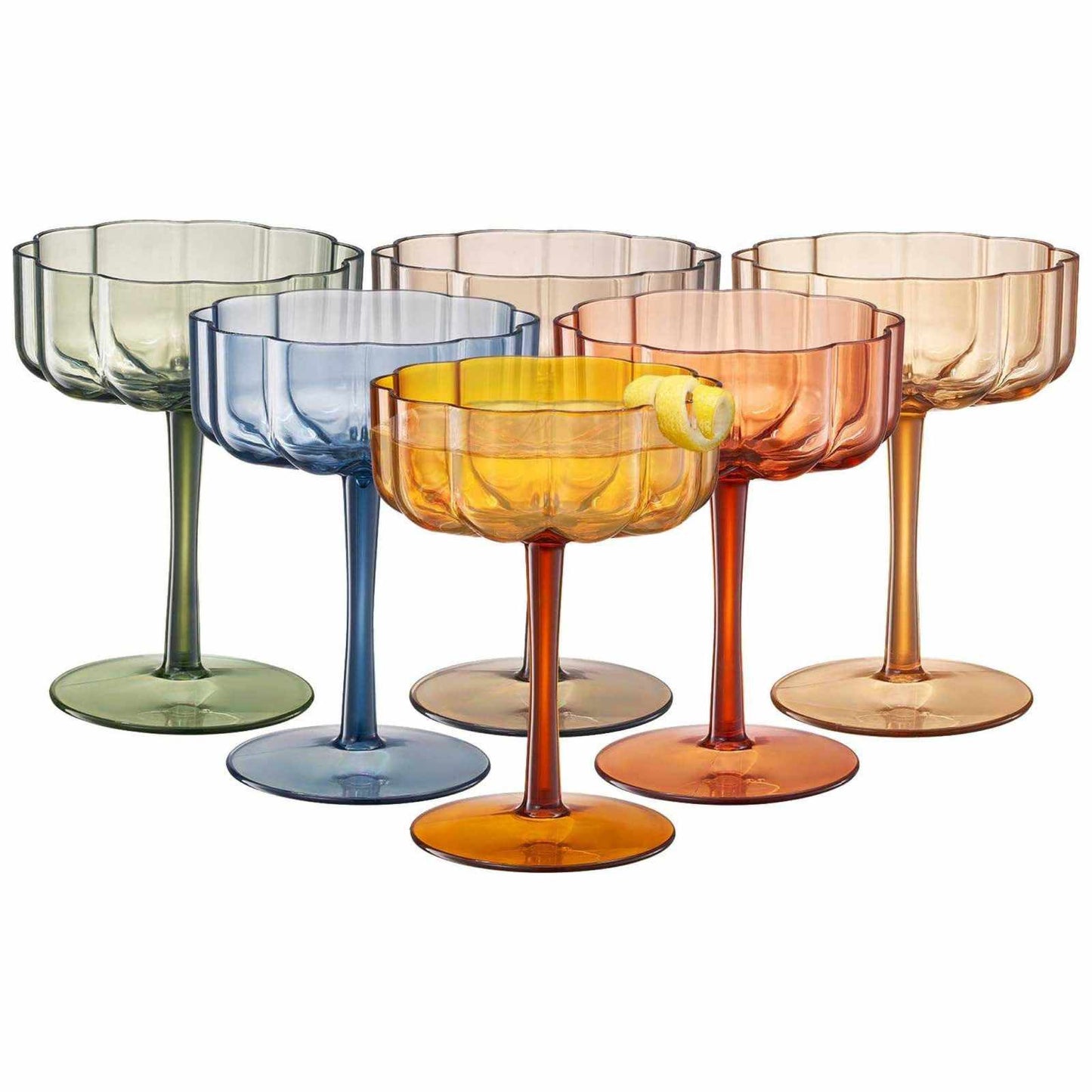 Set of 6 shatterproof acrylic wavy coupe glasses with floral design, durable and lightweight for indoor and outdoor use.