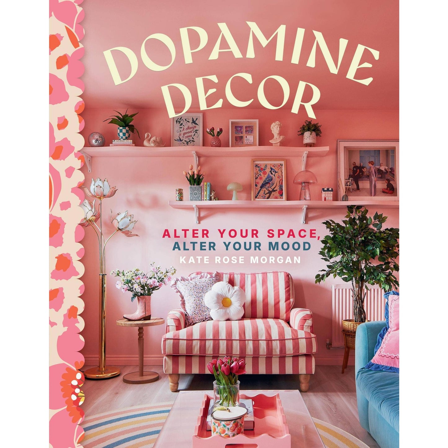 Colorful maximalist living room with pink striped sofa and vibrant decor from Dopamine Decor by Kate Rose Morgan