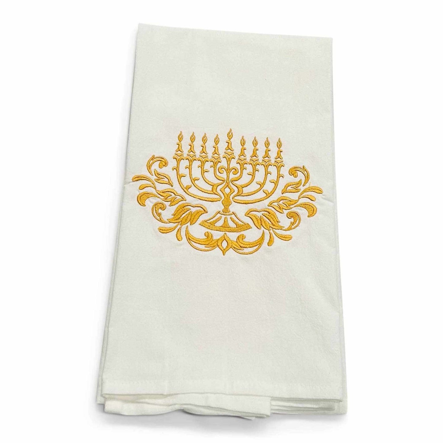 White cotton flour sack towel embroidered with gold menorah design