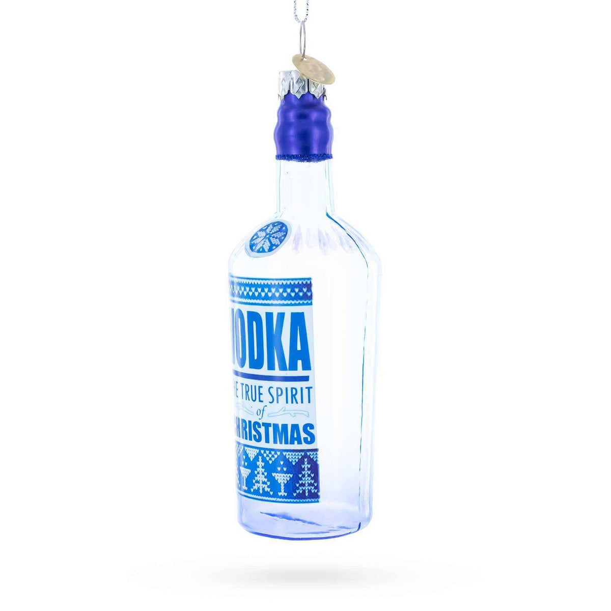 
                  
                    Hand-painted vodka bottle glass ornament with vibrant blue design and hanging cord for Christmas decor
                  
                