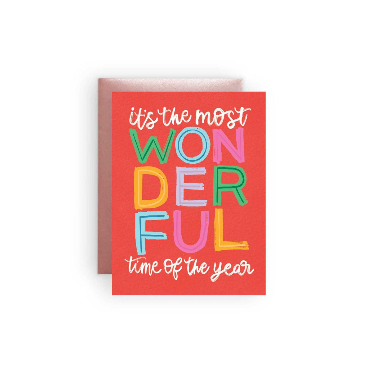 Most Wonderful Time Card colorful holiday greeting card with pink enveloped in A2 size