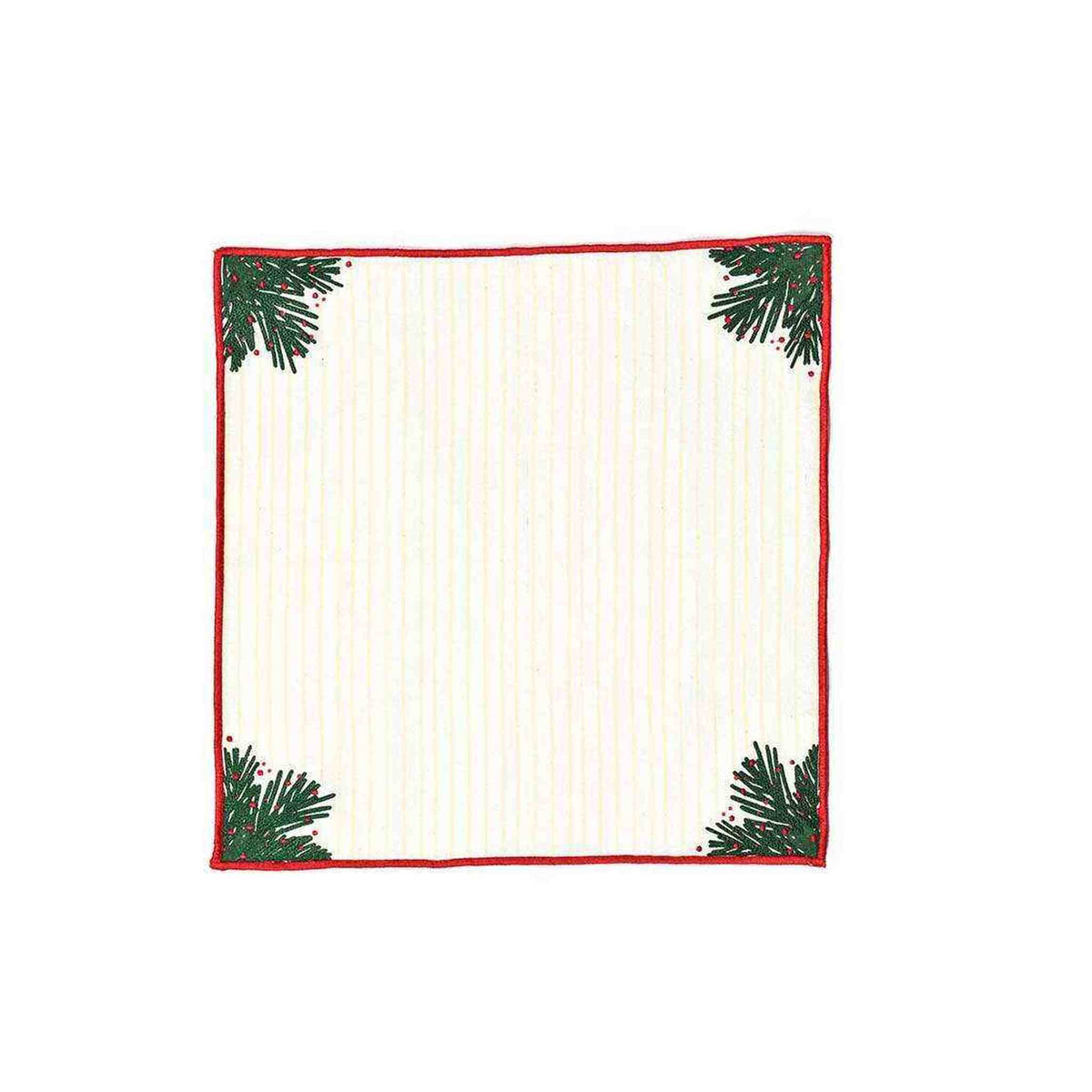 
                  
                    Balsam Stripes napkin with light yellow stripes, red stitched border, and balsam berry accents in corners, set of 4, 18x18 inches
                  
                
