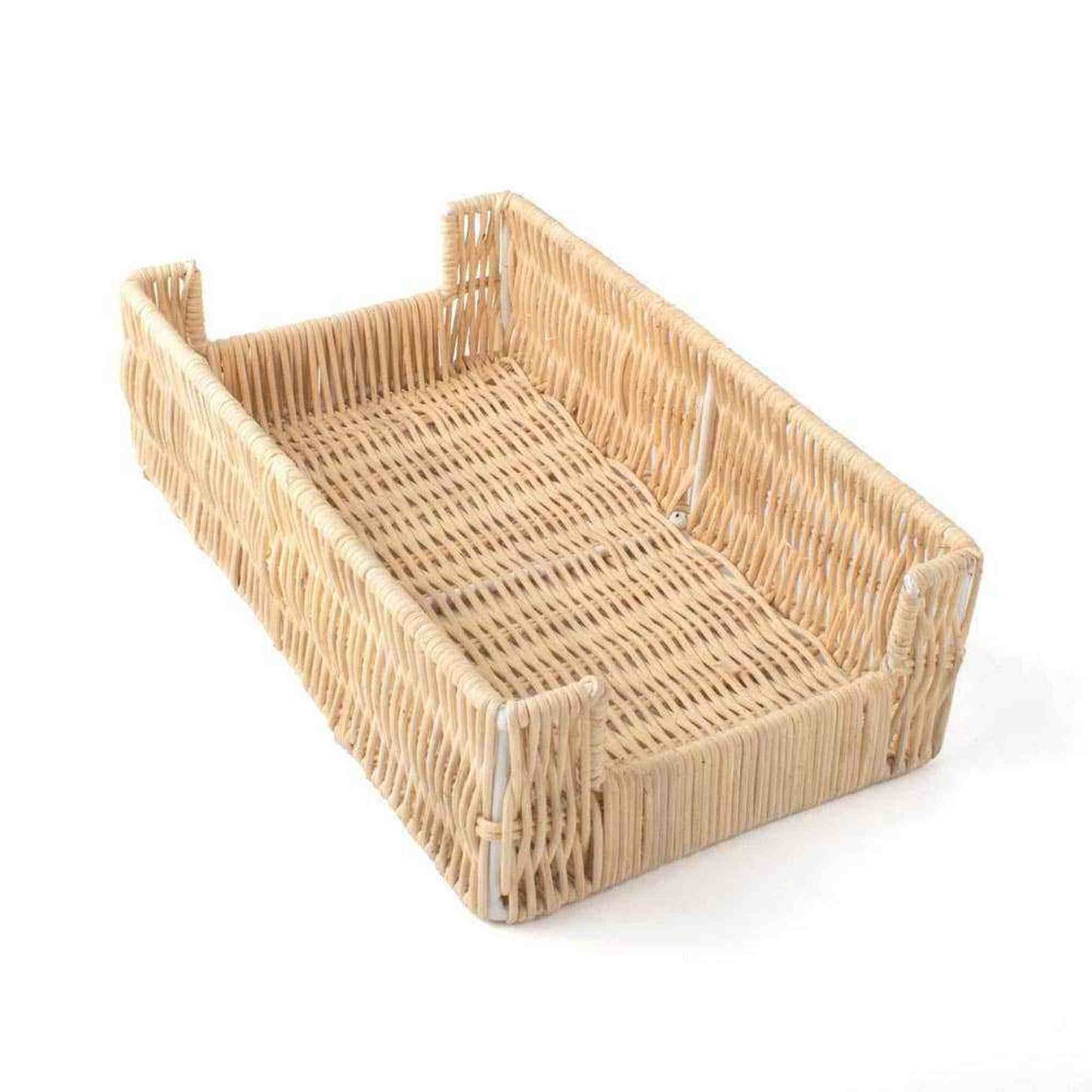 Natural rattan guest towel tray with basketweave design on bathroom vanity
