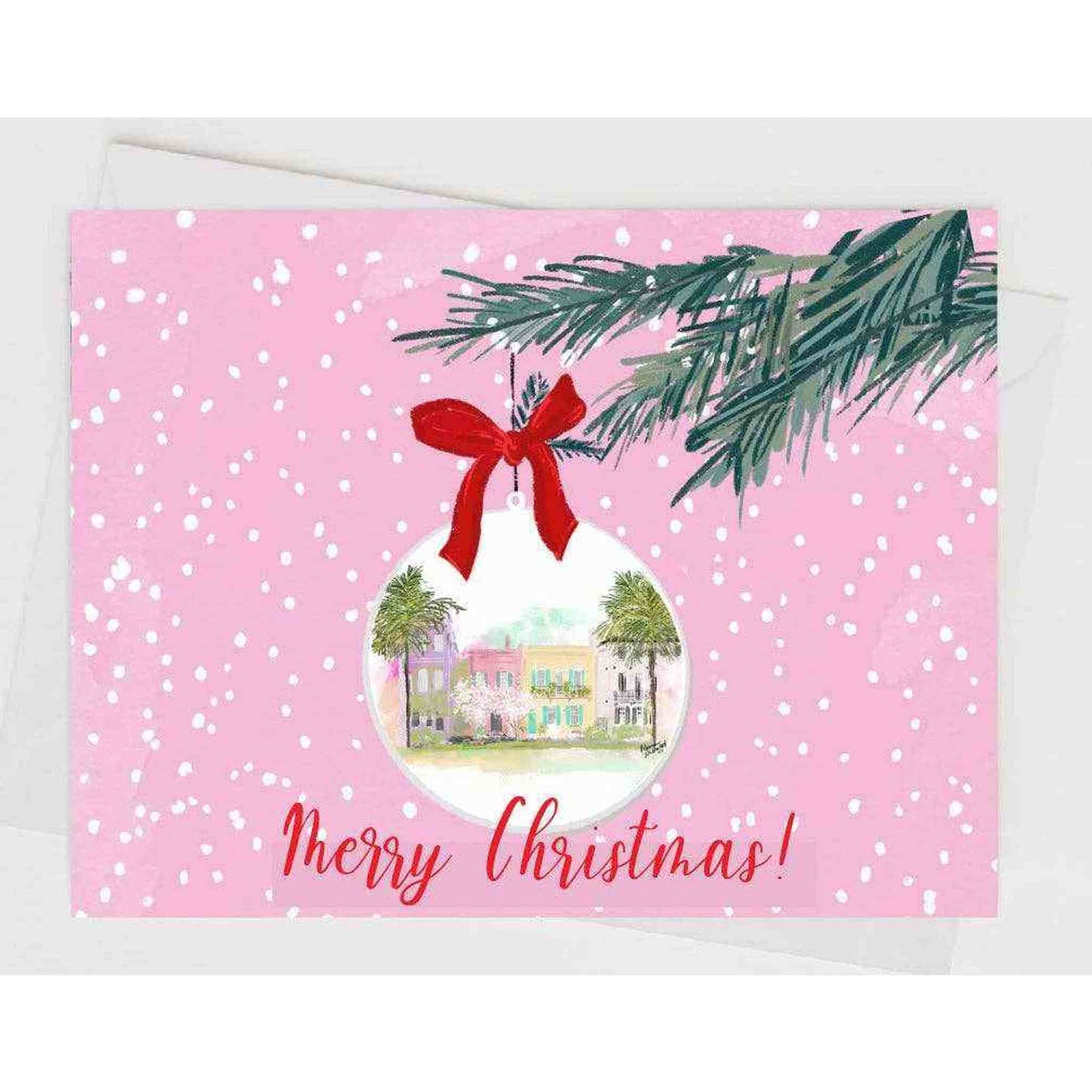 Pink Charleston Christmas Ornament notecard with snow, red bow, palm trees, Charleston houses, and Merry Christmas text