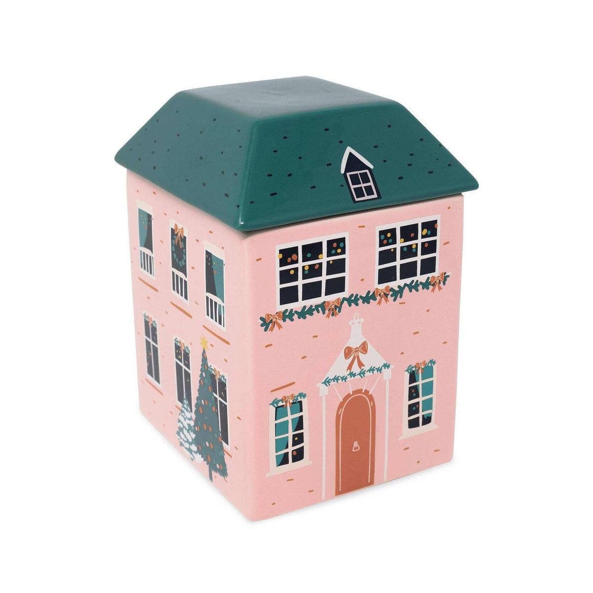 
                  
                    Ceramic cookie jar shaped like a holiday cottage with festive Twas the Night Before Christmas design and removable roof lid.
                  
                