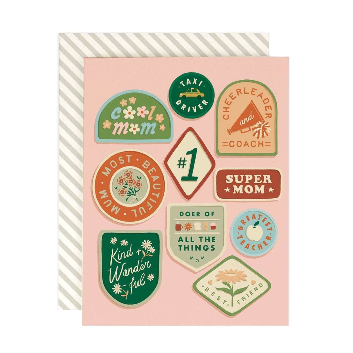 Mom Merit Badges Card with colorful badges on warm white folded paper and striped envelope