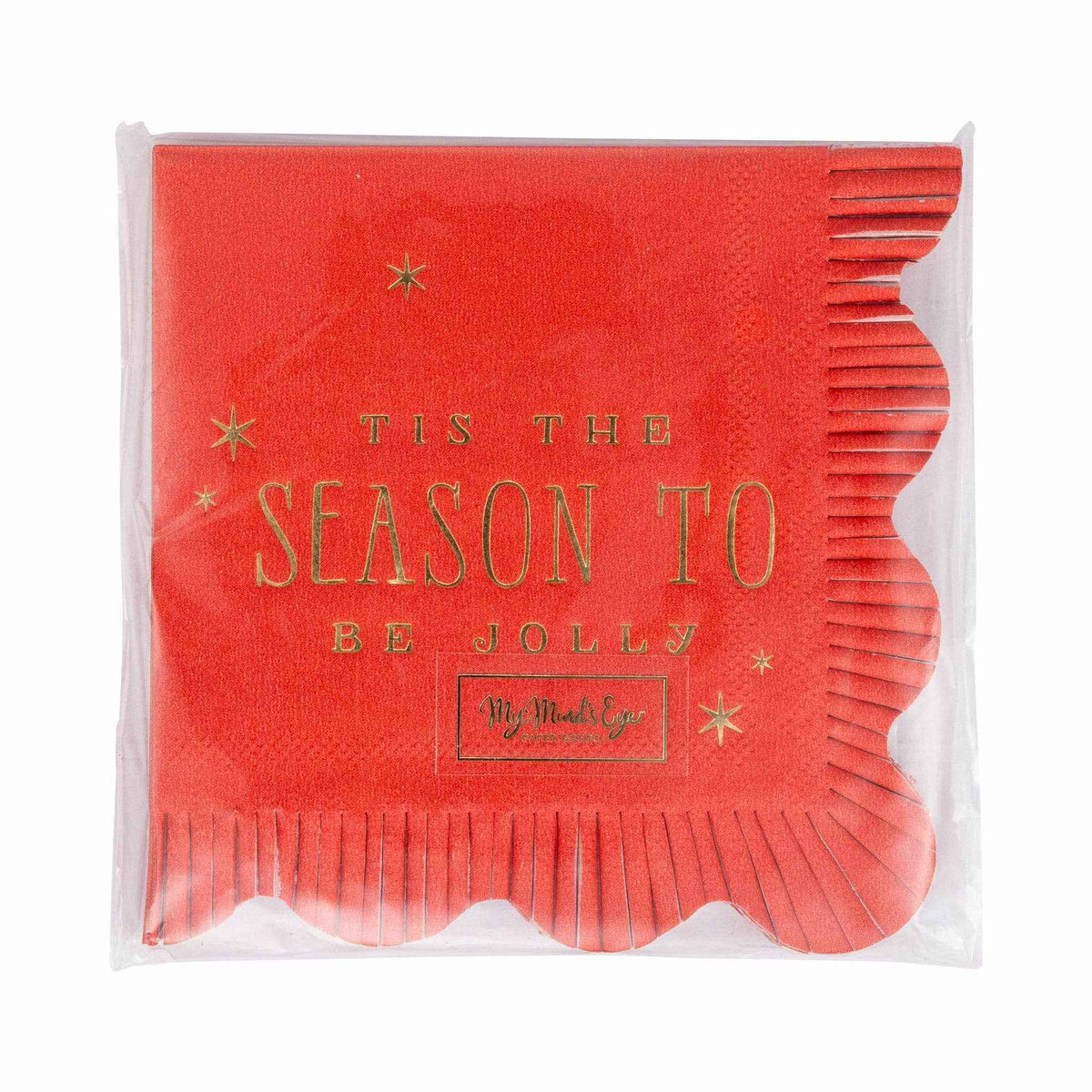 
                  
                    Season To Be Jolly red cocktail napkins with gold-foil text and fringed edges, pack of 18.
                  
                