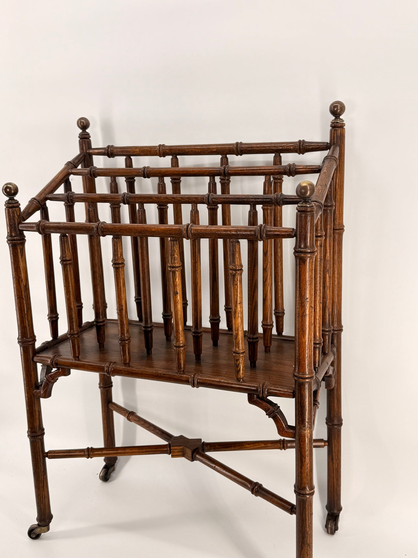 1950s Vintage Turned Oak Faux Bamboo Canterbury Magazine Rack