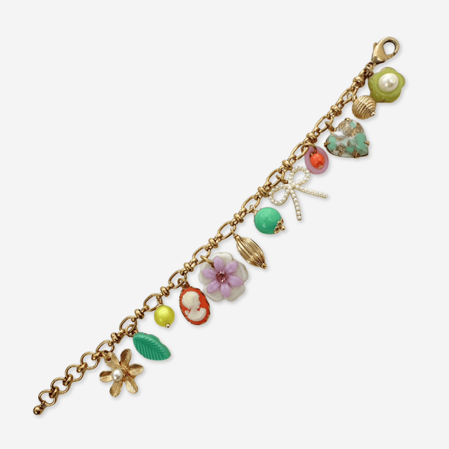 Repurposed vintage multicolor floral charm bracelet with brass chain and lobster clasp