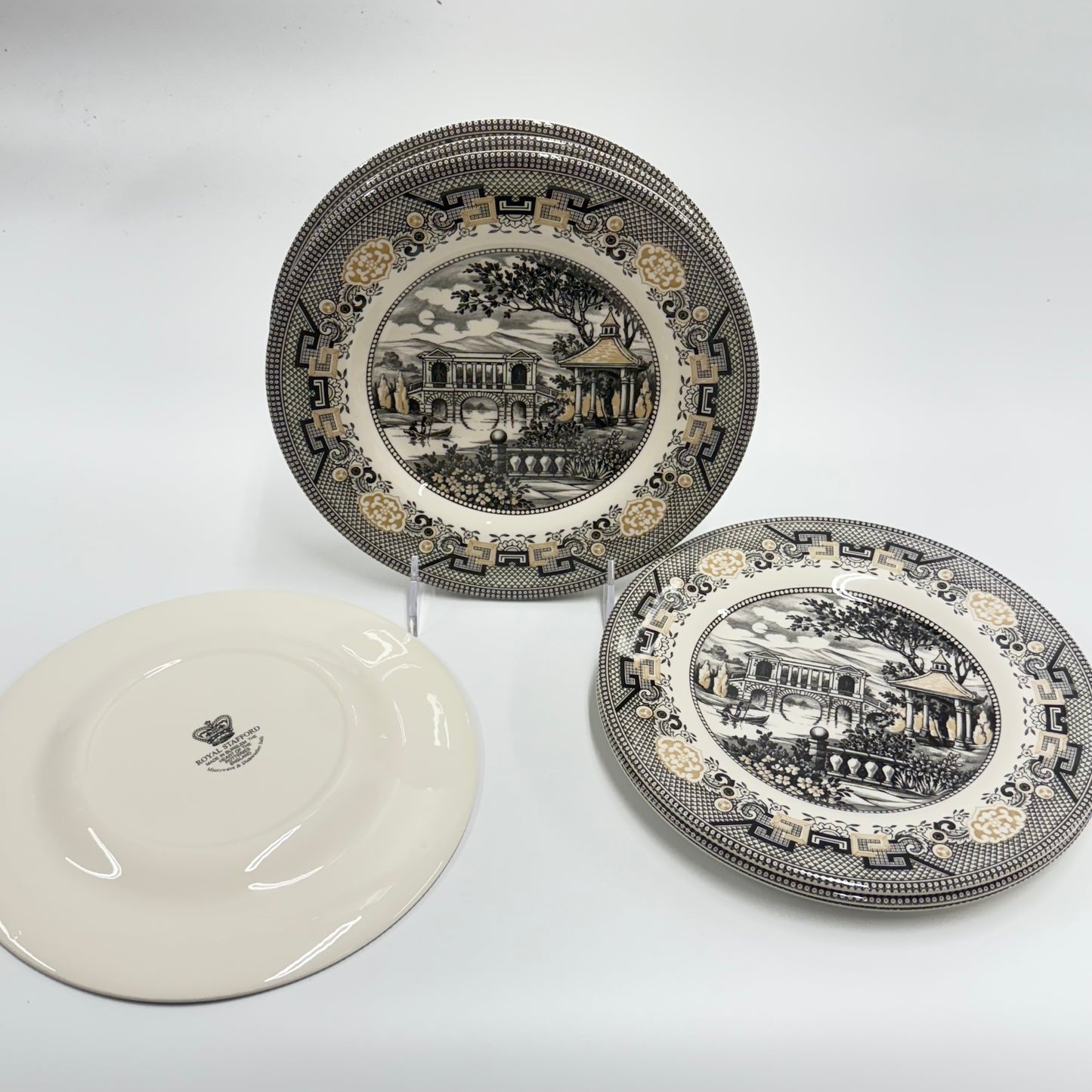 Royal Stafford Willow Black & Gold Salad Plates – Set of 4, Made in England - Curated Home Decor