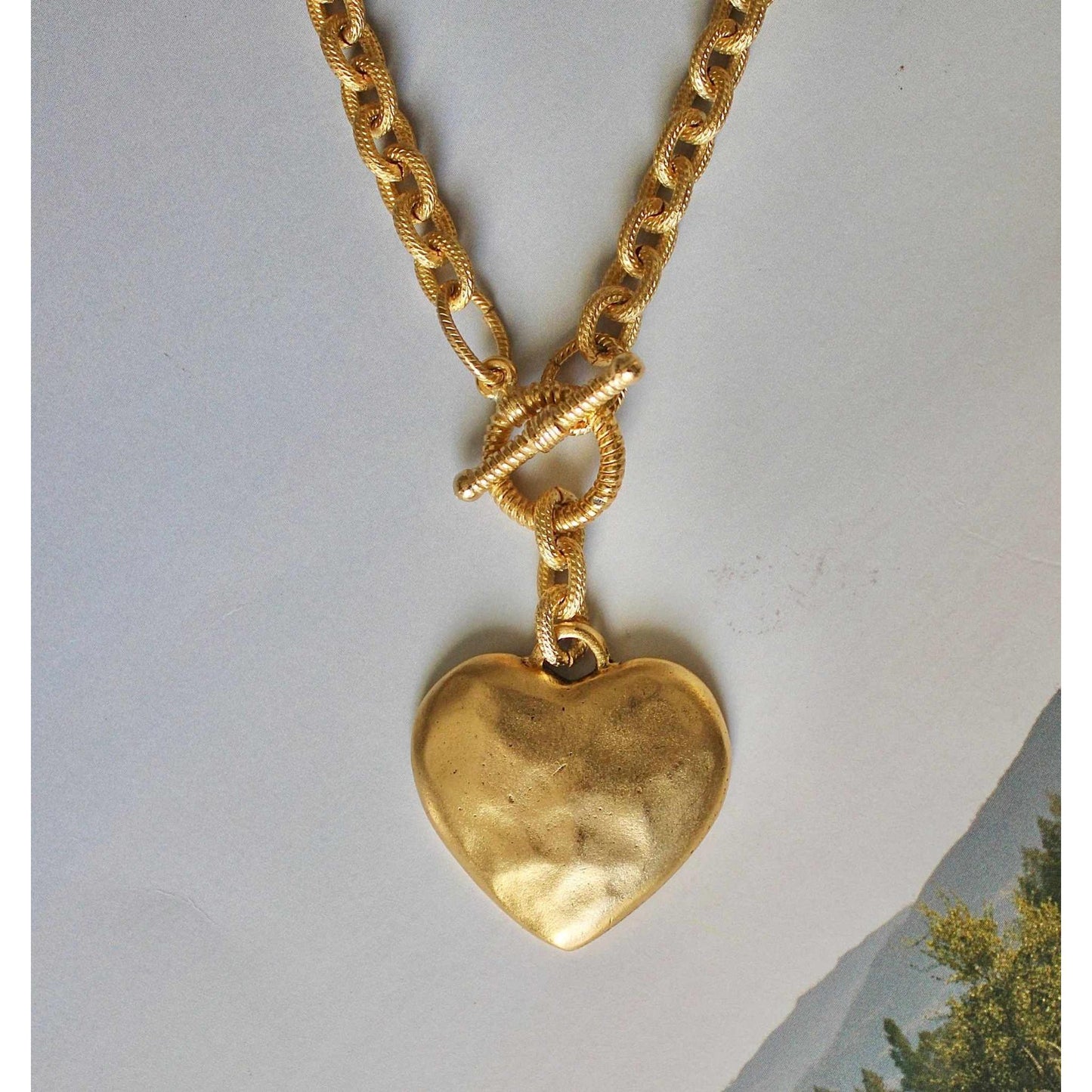 Gold Heart Toggle Necklace with vintage heart pendant and 10k gold plated chain