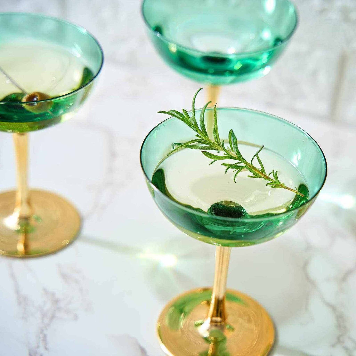 Set of 4 gold and green Art Deco coupe glasses with gold-plated stems and 12 oz capacity