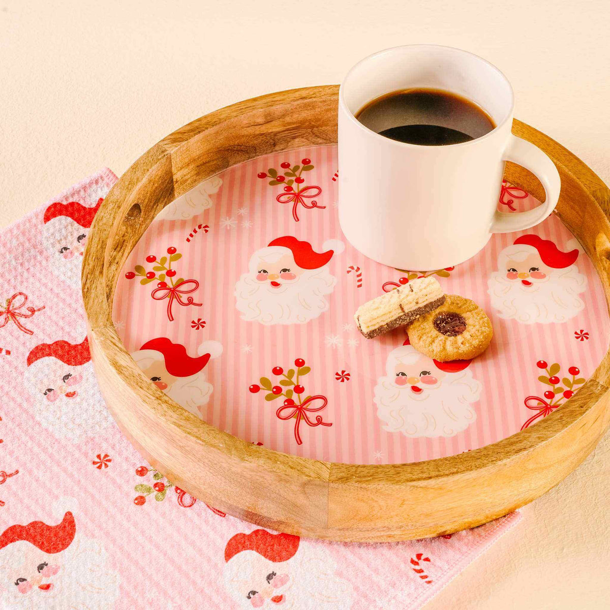 
                  
                    Large round wood enamel tray with holly jolly Santa design, bamboo frame, and handles for easy carrying
                  
                