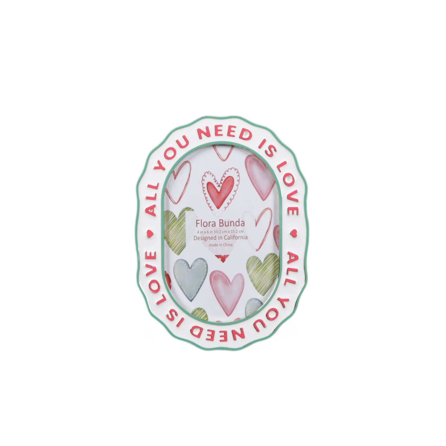 
                  
                    All You Need Is Love ceramic heart photo frame with scalloped edges and colorful watercolor hearts
                  
                