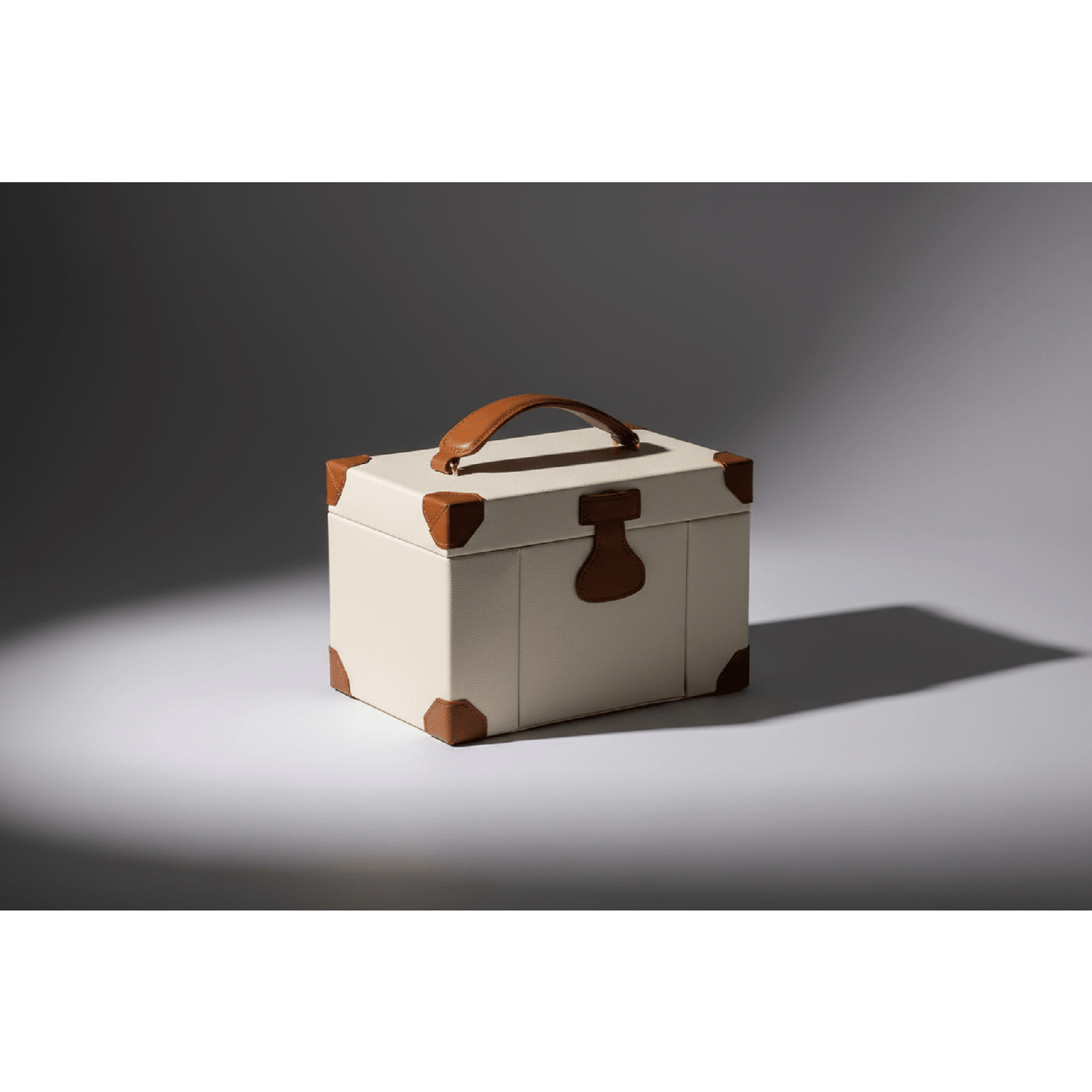 Ivory leather jewelry box with mirror, multiple compartments, and removable travel case