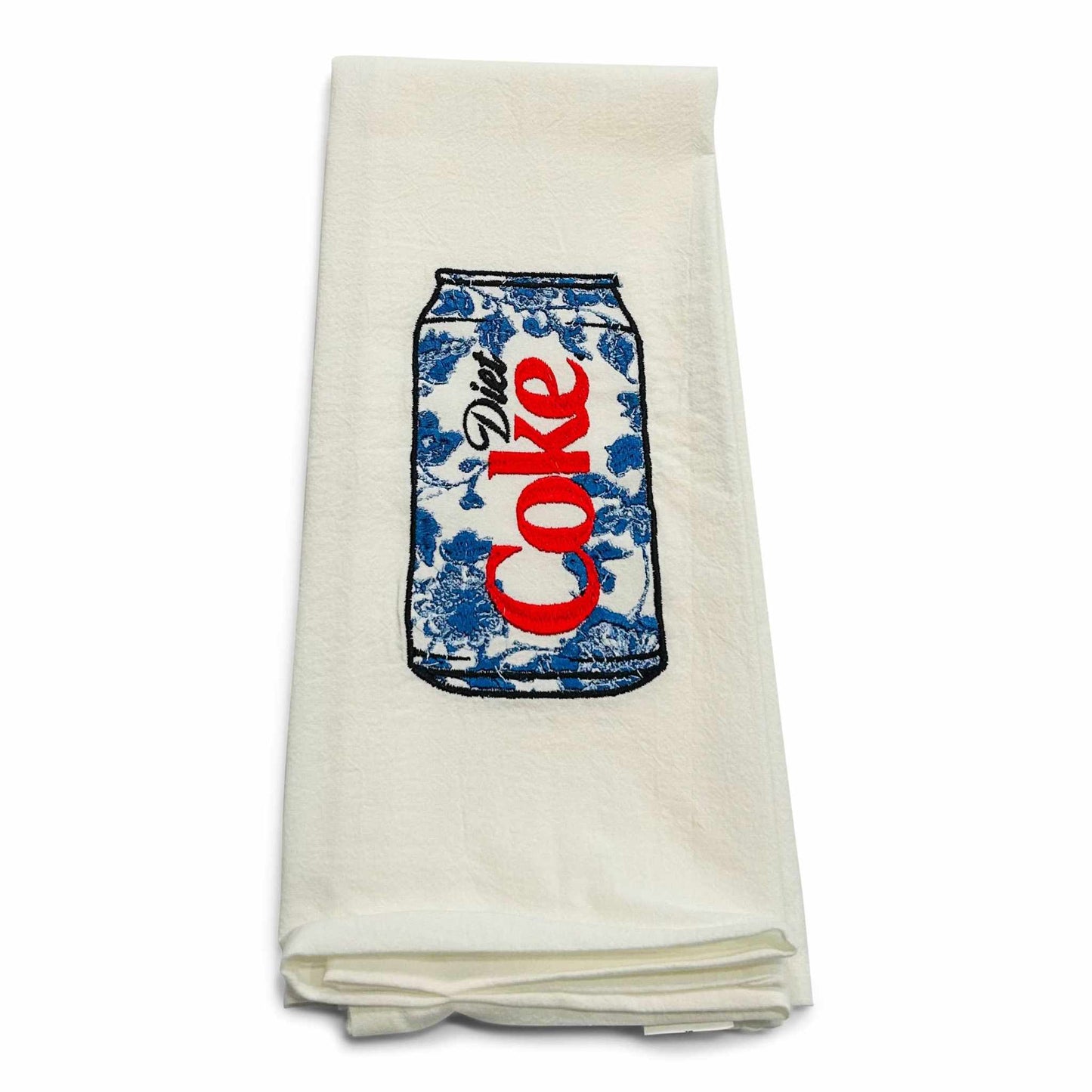 Cotton flour sack towel embroidered with Chinoiserie Diet Coke can design