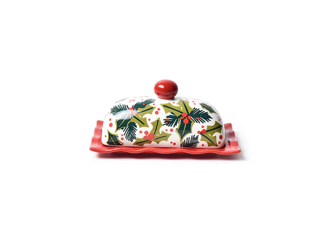 Holly Ruffle Domed Butter Dish with festive holly and berry design on red ruffled base