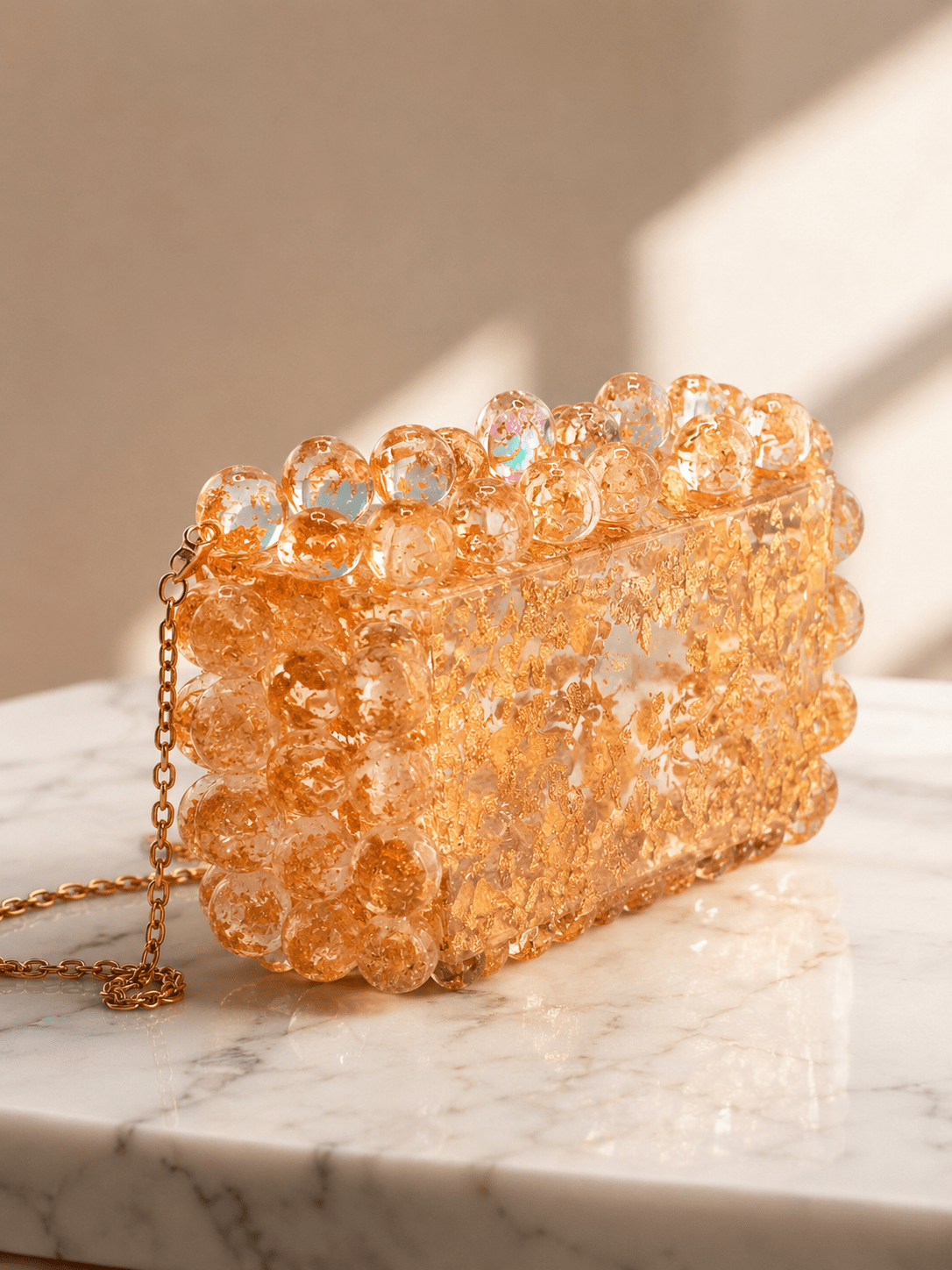 Beaded Acrylic Box Clutch with Pearl Trim & Gold Chain - Curated Home Decor