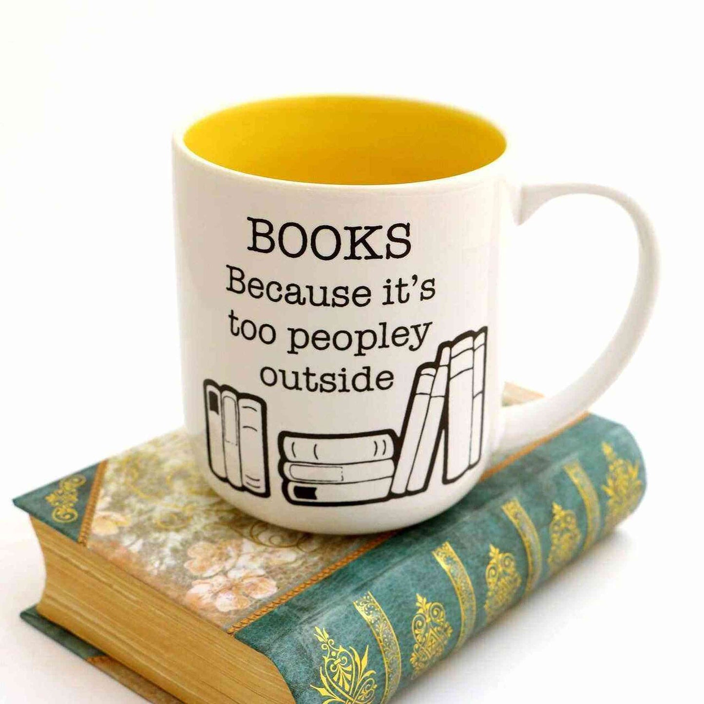 Handmade ceramic travel mug with "Books Because It's Too Peopley Outside" text and yellow interior, 16 oz capacity