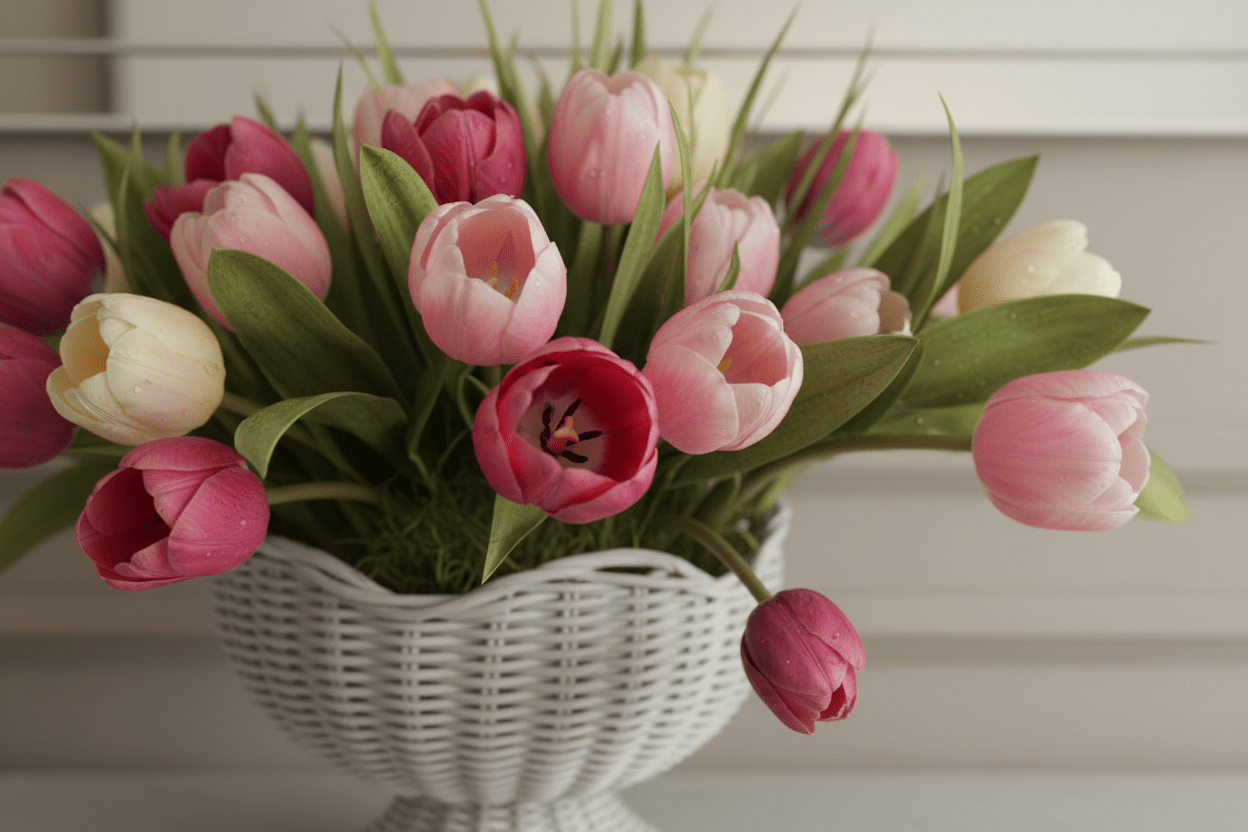 
                  
                    Faux Floral Centerpiece Spring Tulip Arrangement Neutral Floral Decor Real Touch Flowers - Curated Home Decor
                  
                