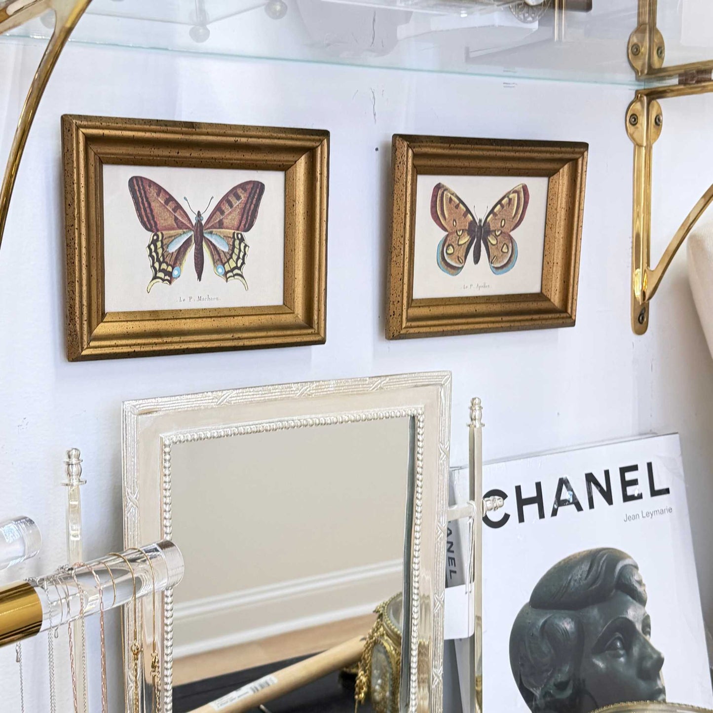 Pair of vintage framed butterfly prints with warm gilt frames and glass fronts