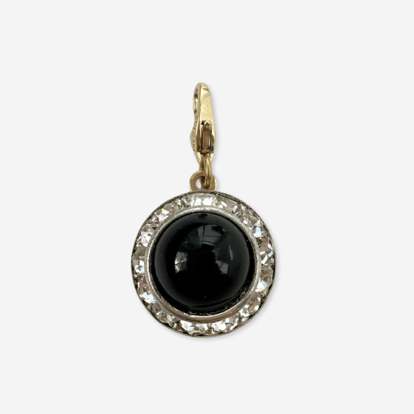 Vintage black and rhinestone button charm with black glass center and brass lobster clasp